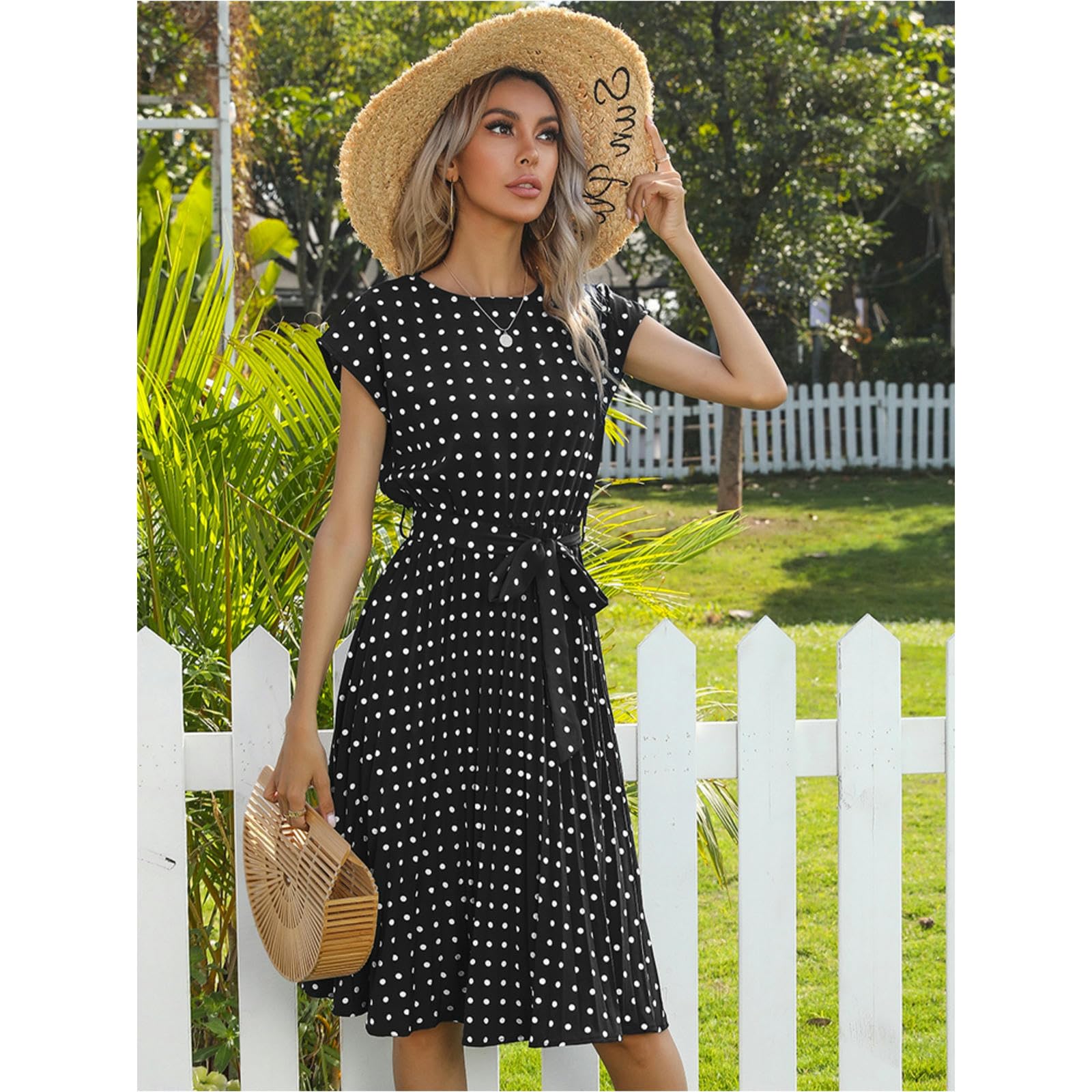 NOGRAX Sukienki damskie plażowe Sundress z krótkim rękawem nadruk w kropki Vestido linia A kwiatowy wysoki stan plisowane sukienki midi