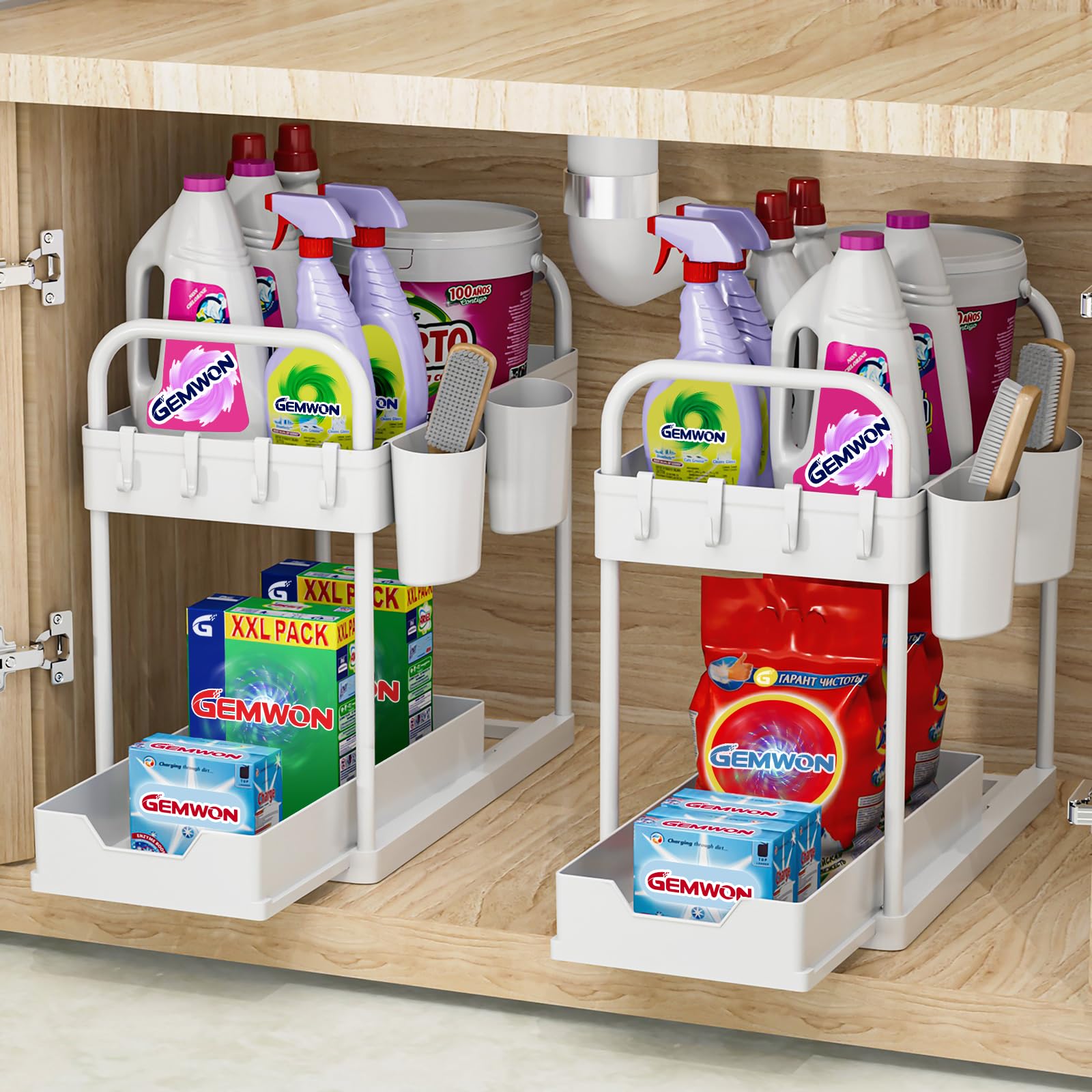 GEMWON Under Sink Storage Kitchen Organiser, 2 Tier Sliding Kitchen Storage Under Sink Shelf, Multi-Purpose Organisation for Bathroom, Bottom Slide Out Basket (White-2Pack)