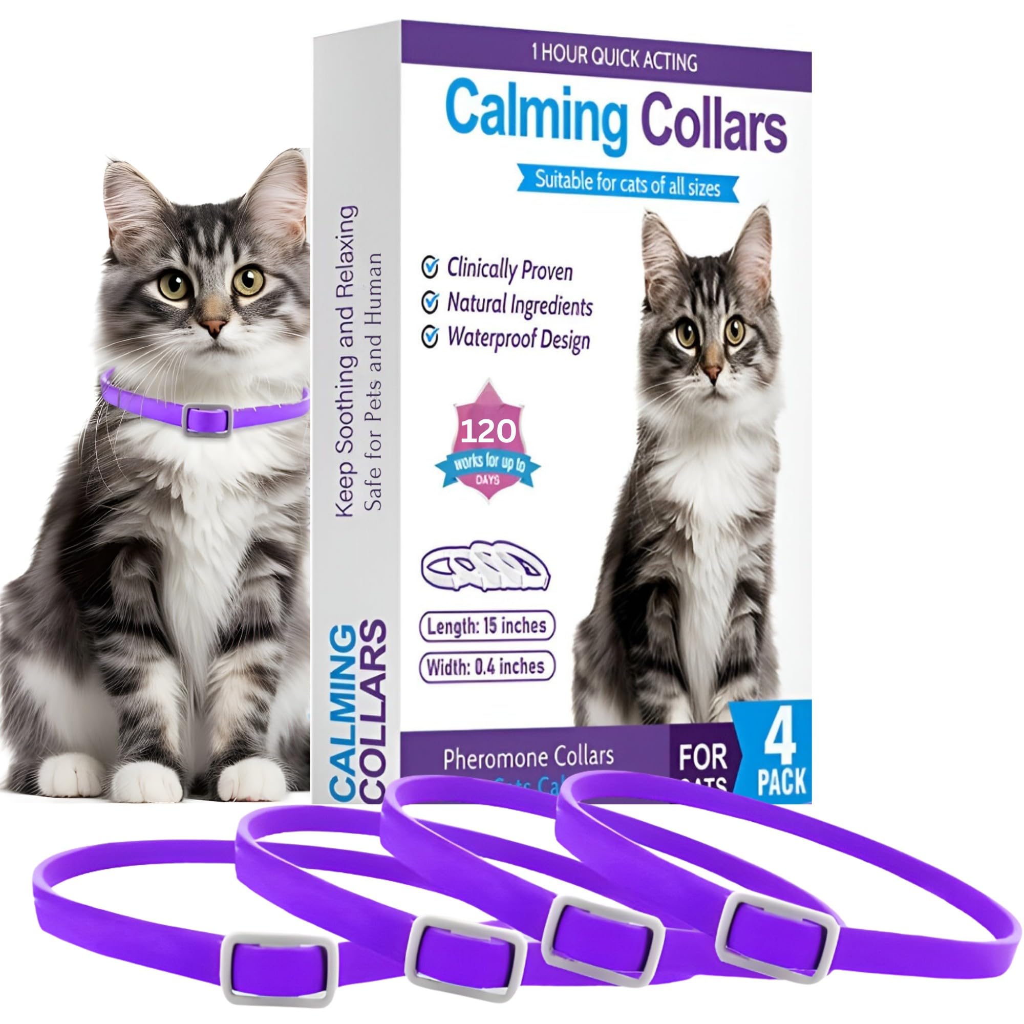 4-Pack Cat Calming Collar - 120 Days of Continuous Calm - Pheromone Anxiety Relief for Cats & Kittens - Reduces Scratching, Meowing & Urine Marking - Adjustable & Safe Waterproof Breakaway Design