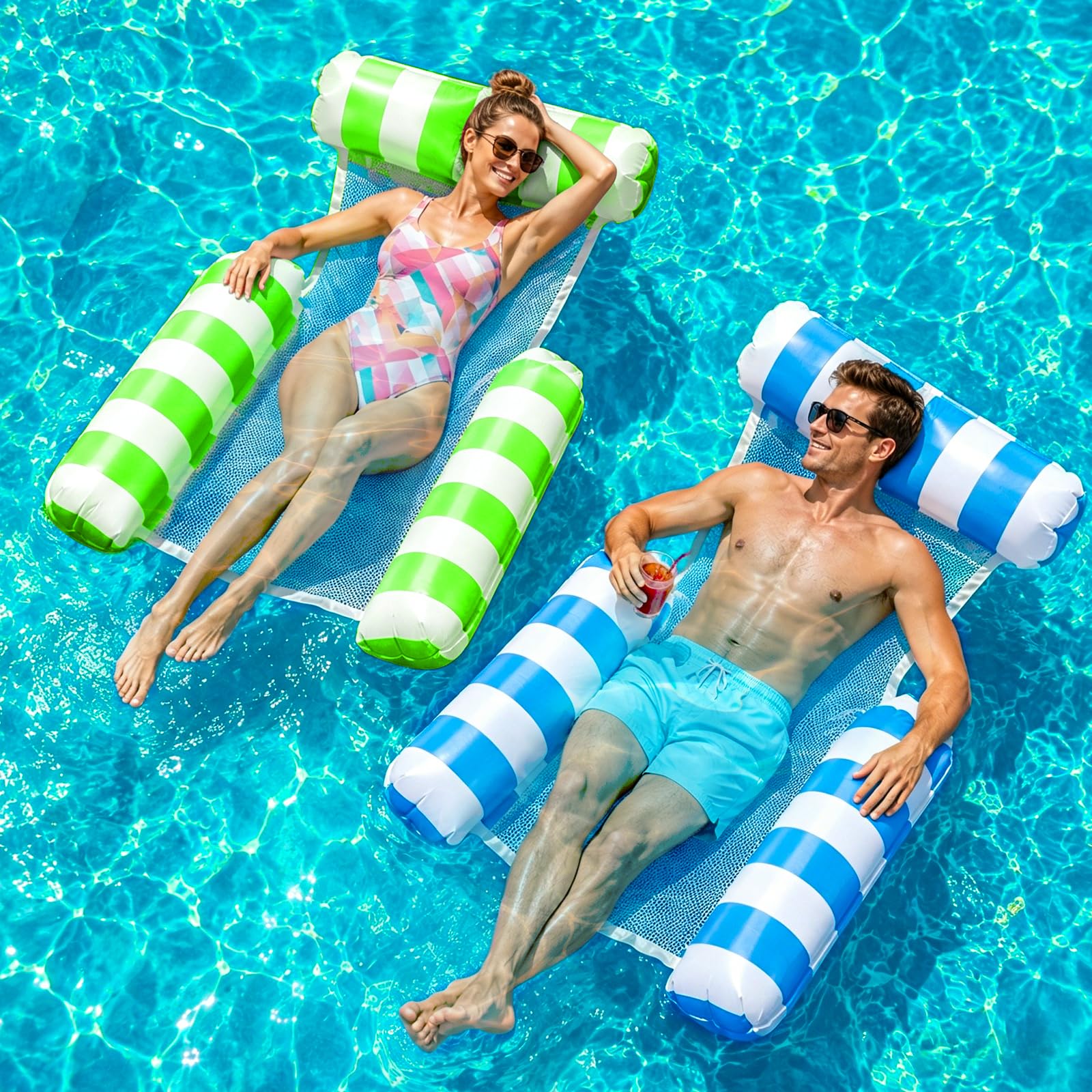 Inflatable Pool Chair 2 Pack, Inflatable Pool Floats Adult, 4 IN 1 Swimming Floating Lounge Chairs Water Hammock, Inflatable Chair for Summer Water Party Beach, Pool Toys With Air Pump (Blue+Green)