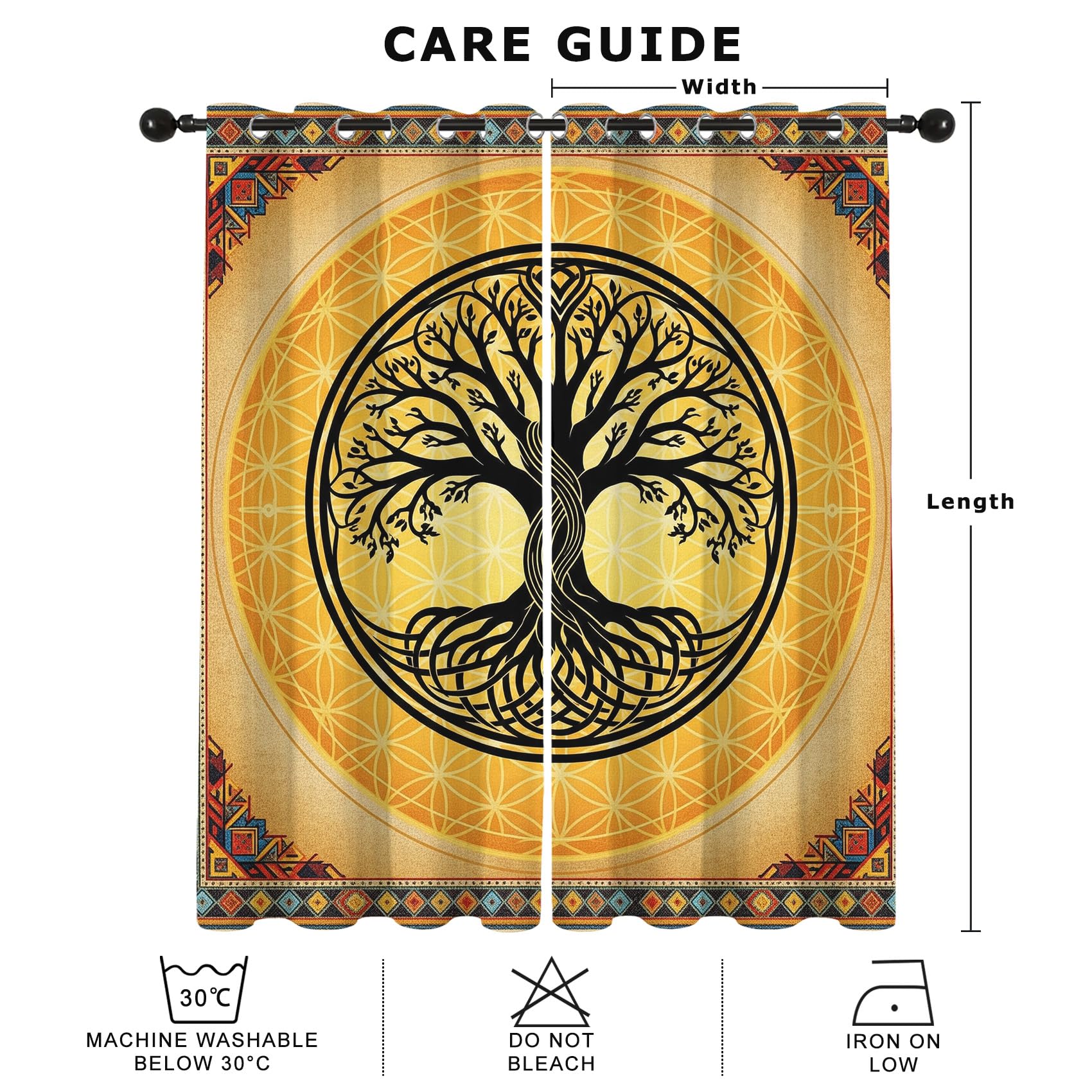 Lebensbaum Yggdrasil Gold Vorhänge Blickdicht Gardinen mit ösen Keltisch Blume des Lebens Vorhang 175 cm Lang Verdunklungsvorhänge für Schlafzimmer Wohnzimmer Fenster 2er Set