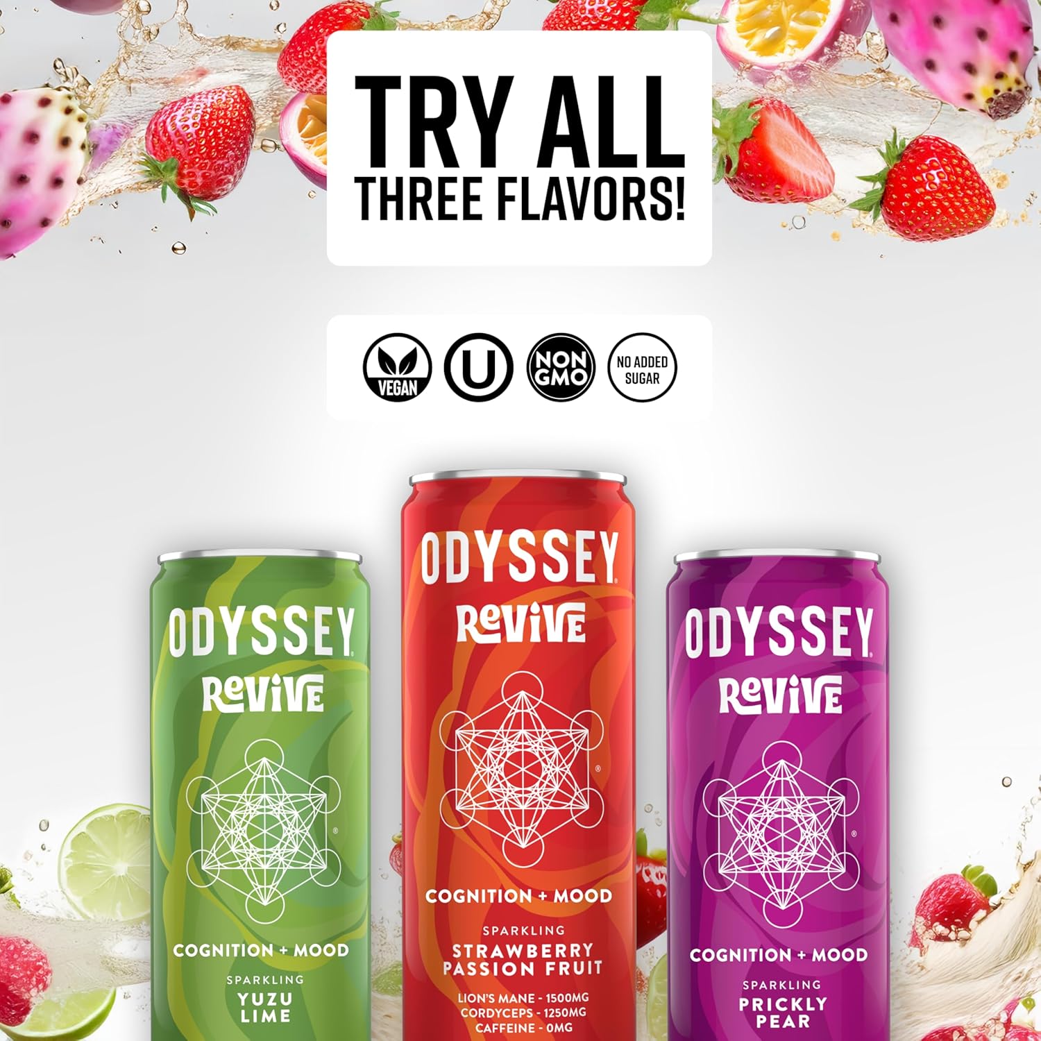 Odyssey Revive Sparkling Drink – Caffeine Free Electrolyte Water with Lion’s Mane Cordyceps L-Theanine and Vitamin C – Instant Hydration for Wellness – Strawberry Passion Fruit Flavor – 12 Pack - Image 5