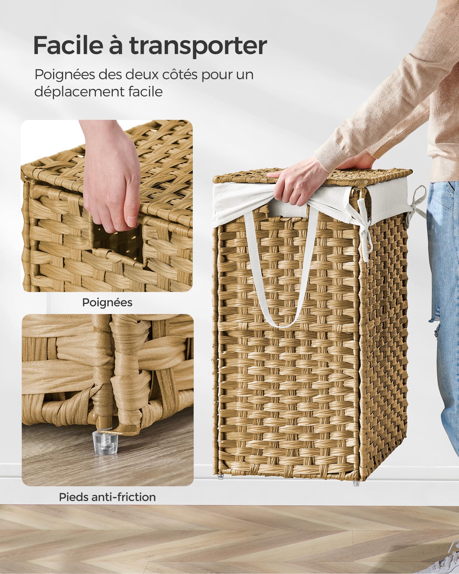 SONGMICS Panier de Rangement, Corbeille Linge Sale 90L avec Couvercle, Pliable, Sac en Tissu Amovibles et Poignées, pour Couvertures, Vêtements, Salon, Chambre, Buanderie, Couleur Boisée LCB51NL