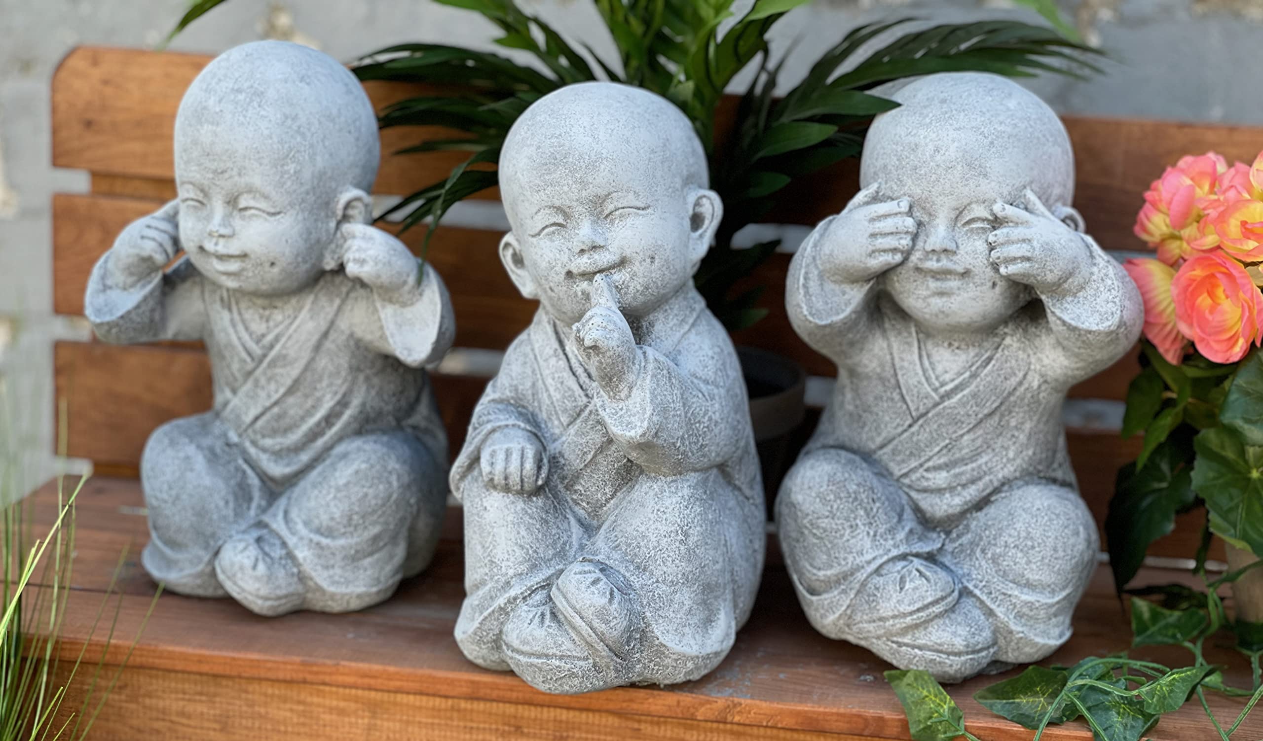 Stone and Style Statuettes en pierre, 3 grands moines Bouddha Shaolin, hauteur : 26 cm, ne rien voir, entendre ni dire