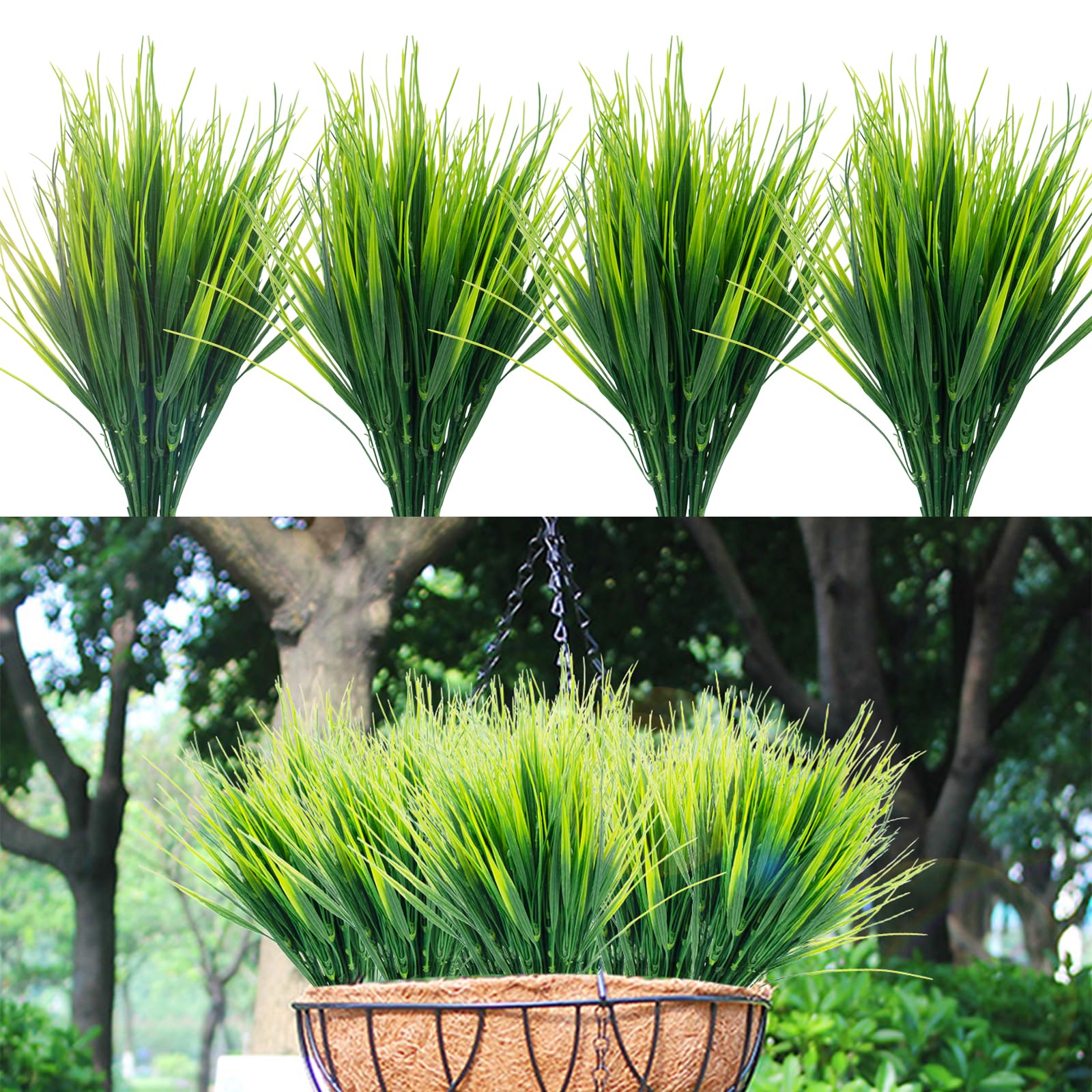 LUZOGA 12 Bundles Artificial Grass Plant Outdoors Fake Wheat Grass Faux Greenery Stems Plastic Shrubs UV Resistant Faux Plastic Plants for Patio