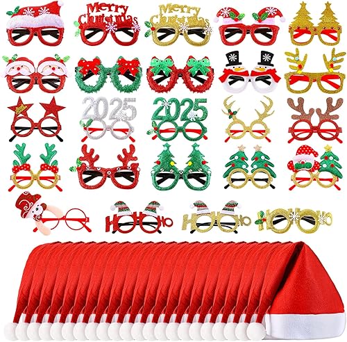 48 piezas de gafas de Navidad a granel, sombrero de Navidad para decoración de fiesta de Navidad, marco de gafas con purpurina, sombrero de Papá