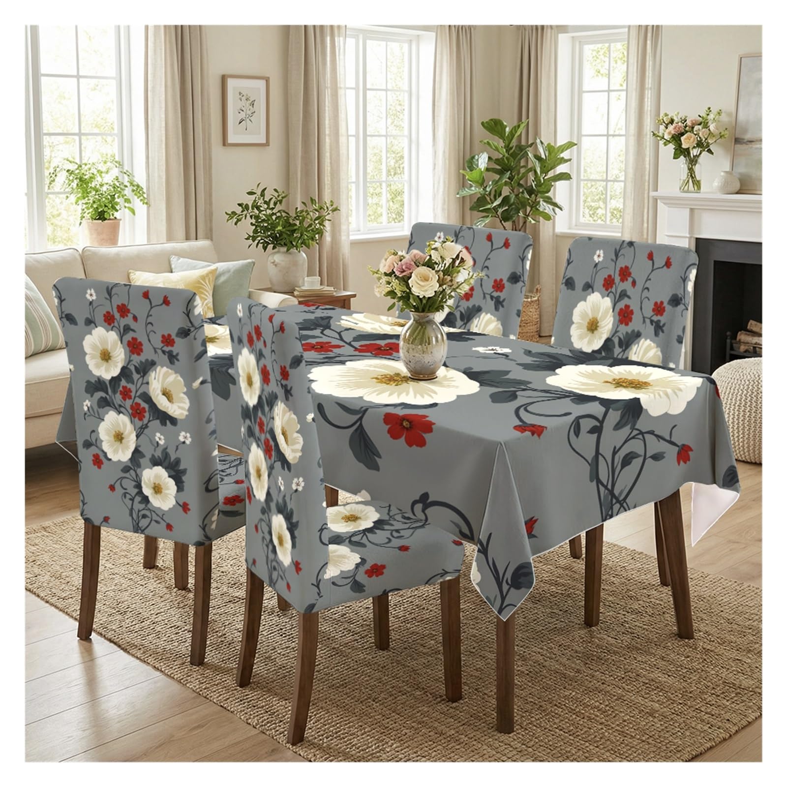 BOSUYBN Grey Base White Poppy Red Berry Floral Printed Dining Tablecloth & Chair Covers Set, 5/7 Piece Vintage Cottage Home Decor Table Setting(5pcs Set: Tablecloth+Chair Covers)