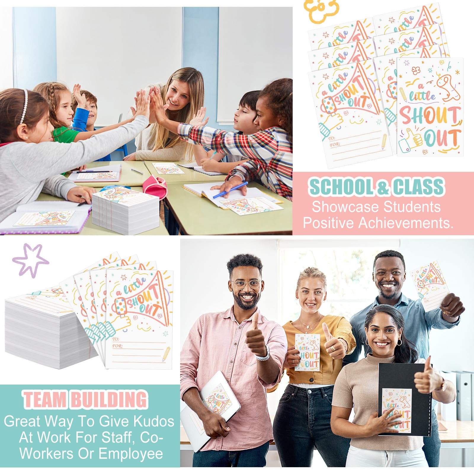 Motiskyy 100 tarjetas divertidas de 3.94 x 5.91 pulgadas para empleados, personal de oficina, profesores y estudiantes, tarjetas de agradecimiento y reconocimiento para la escuela o el trabajo tablón