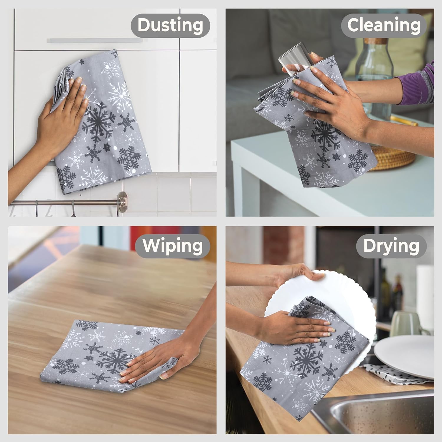Urban Villa Christmas Kitchen Towels Grey Snowflake Print Premium Quality 100% Cotton Dish Towels Mitered Corners Over Sized 20X30 Inches Set of 6 Highly Absorbent Kitchen Towels with Hanging Loop - Image 3