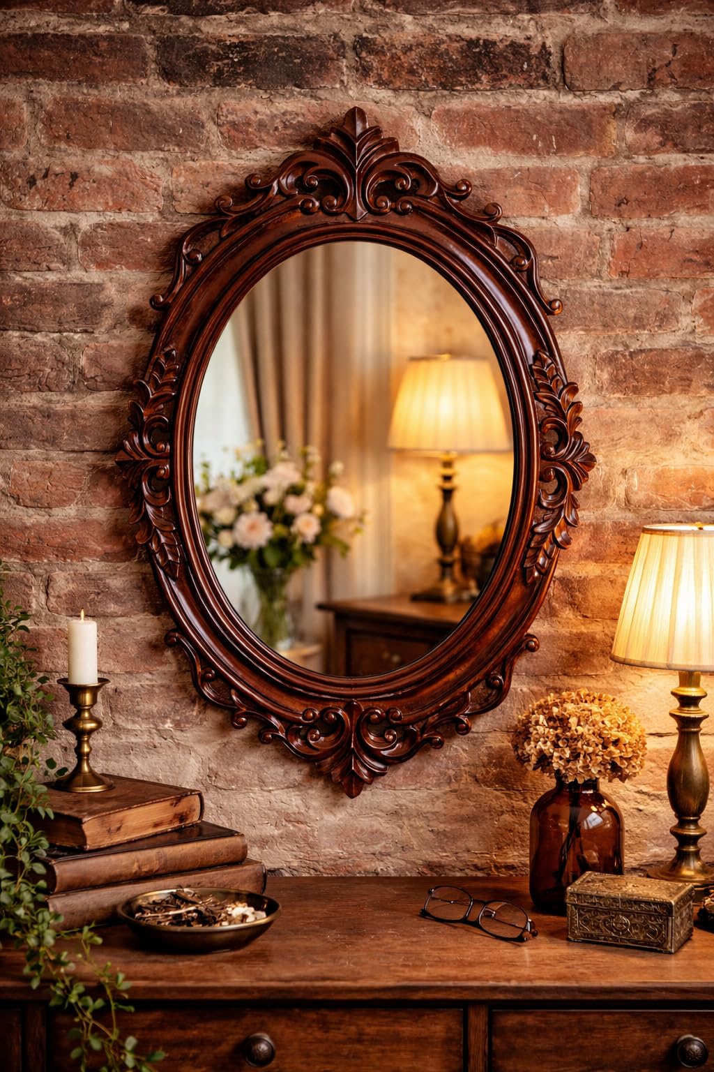 Ornate Oval Wall Mirror with Carved Enginereed Wood Frame, Vintage Style, Brown, Home Décor || 36x24 Inches || Without Mirror ||-image-11