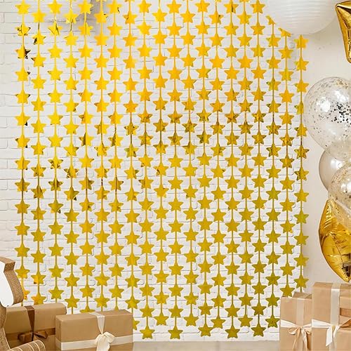 LOLStar Paquete de 2 decoraciones de cumpleaños con estrellas doradas de 3.3 x 6.6 pies, cortinas de fondo de fiesta dorada con flecos para novia,
