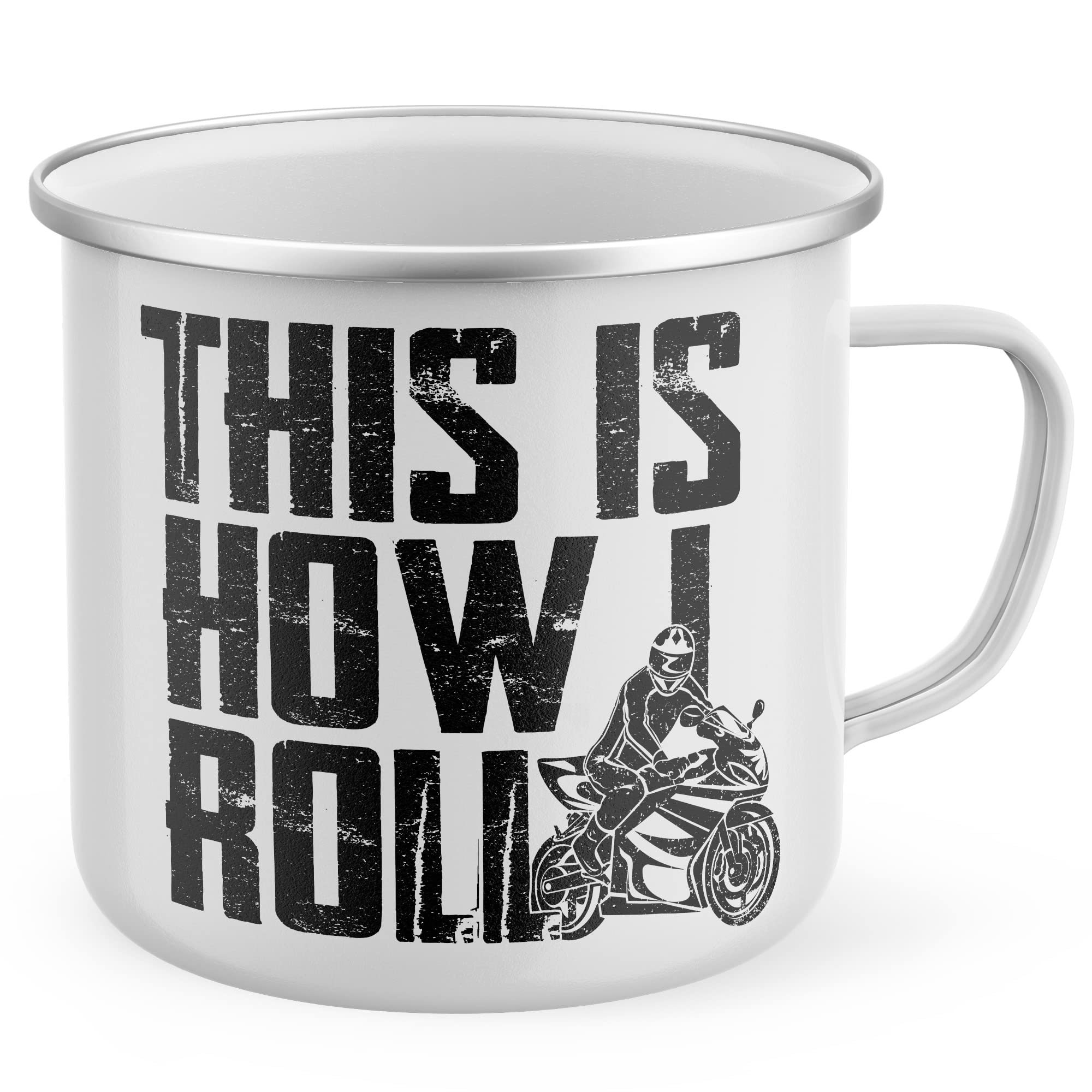 Purple Print House This is How I Roll Motorbike Enamel Drinking Mug Mens Funny Biking Slogan Coffee Tea Cup Gifts For Men, One Size, White