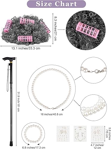 Miniatura 3 de SOMSOC Disfraz de anciana de 14 piezas para niñas de 100 días de escuela, juego de cosplay de abuelita para niños, vestido de abuela para 100 días