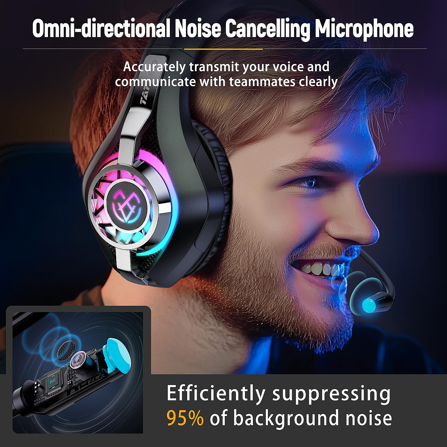 Tatybo Caschi Gaming Ps4 Ps5 PC, Cuffie con Stereo a Bassi Profondi, Luci RGB, Orecchie Grandi, Caschi con Microfono per Xbox One Switch