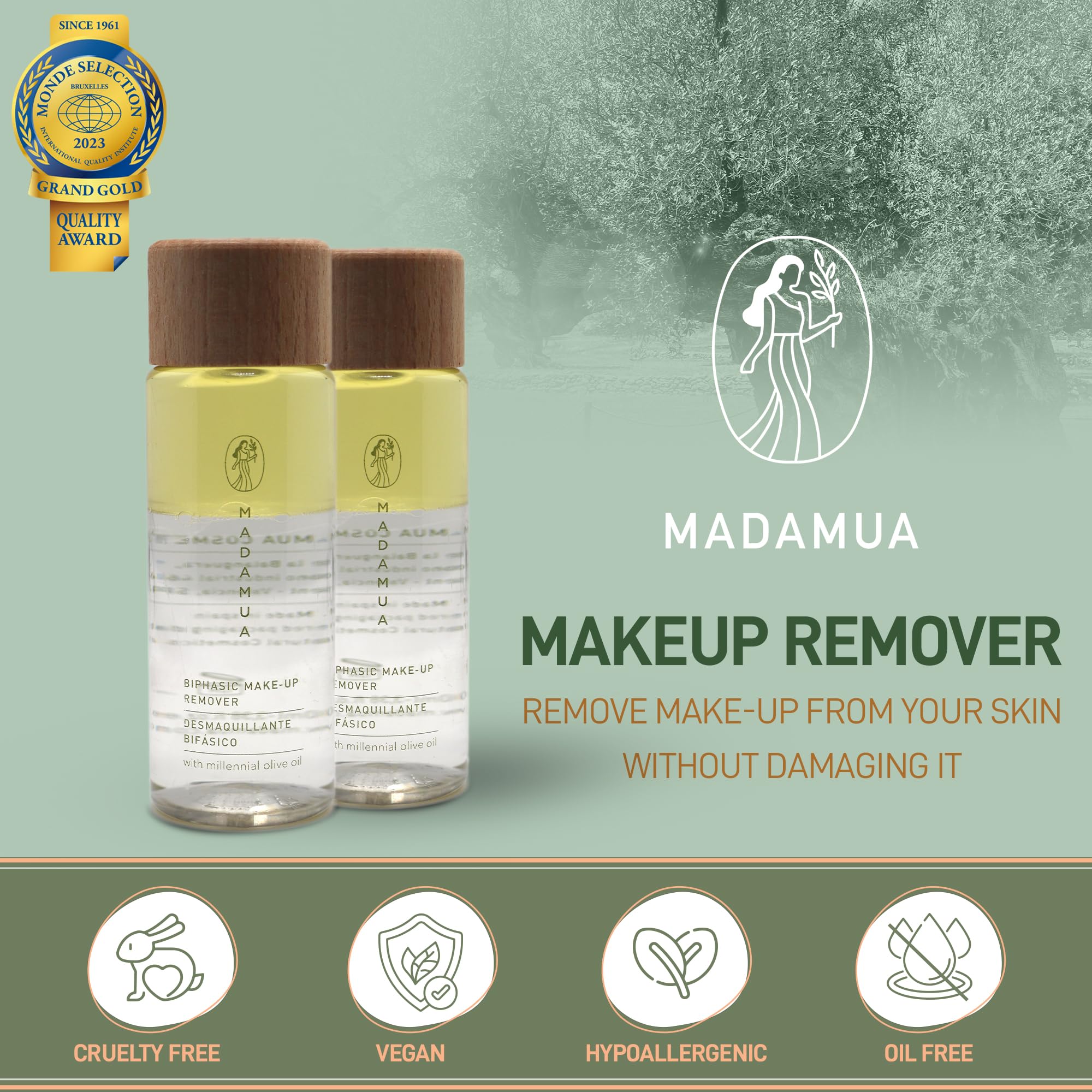 Biphasic - Removedor de maquillaje impermeable - Limpiador a base de aceite de oliva milenario, líquido removedor de maquillaje de ojos de tamaño viaje, esencial de maquillaje para el cuidado 2