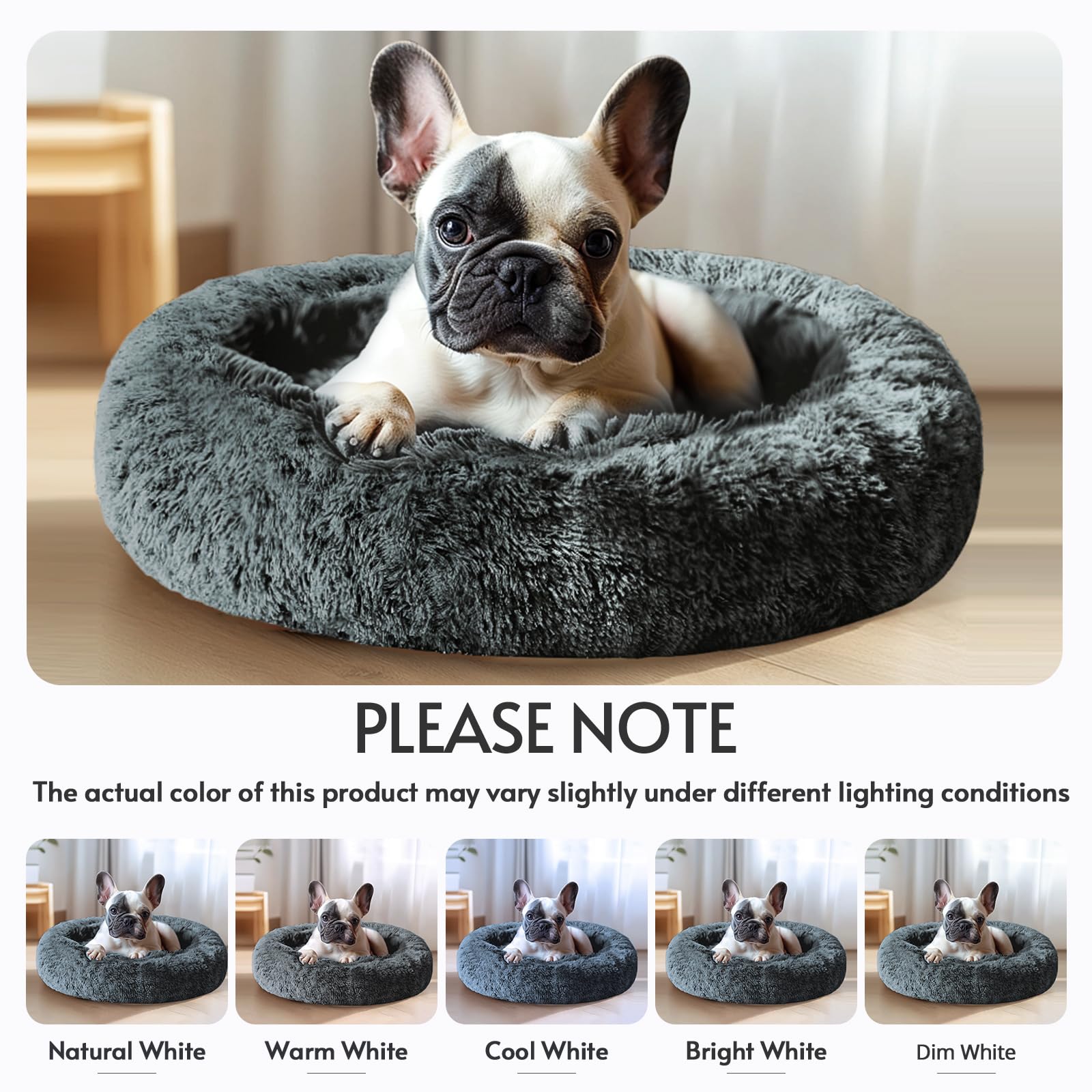 JOLLYVOGUE Calming Dog Beds Large Sized Dog, 36in Donut Washable Large Pet Bed, Anti-Slip & Anti-Anxiety Fluffy Faux Fur Round Dogs Bed, Fits up to 80 lbs Pets (Smoke Brown): 27.0"L x 27.0"W x 8.0"Th Navy Grey
