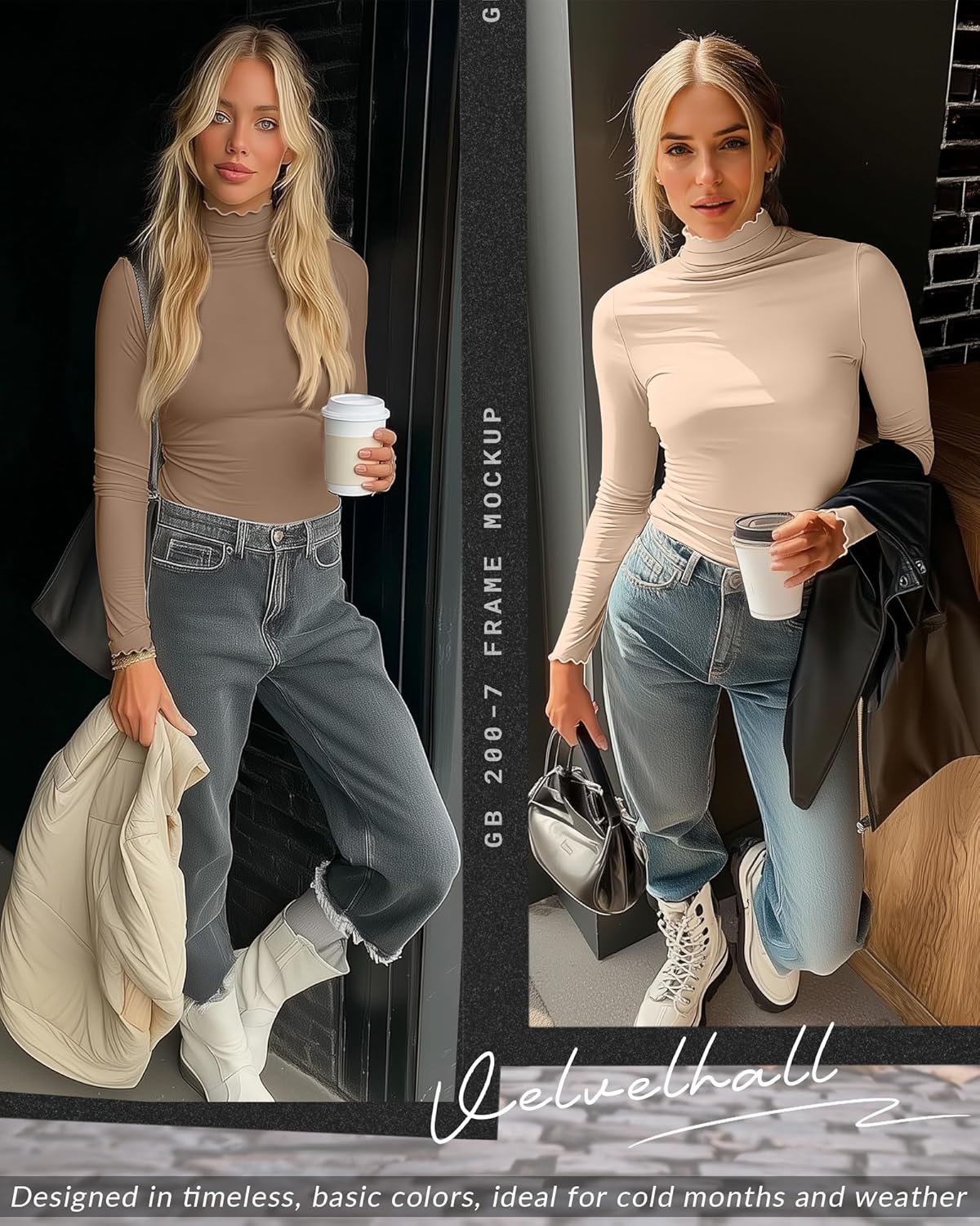 3 Pack Women's Mock Turtleneck Tops Long Sleeve Lettuce Trim Shirts Ruffle Neck Slim Fit Casual Tight Layer(Black, Dark Coffee, Beige,Medium) - Image 3