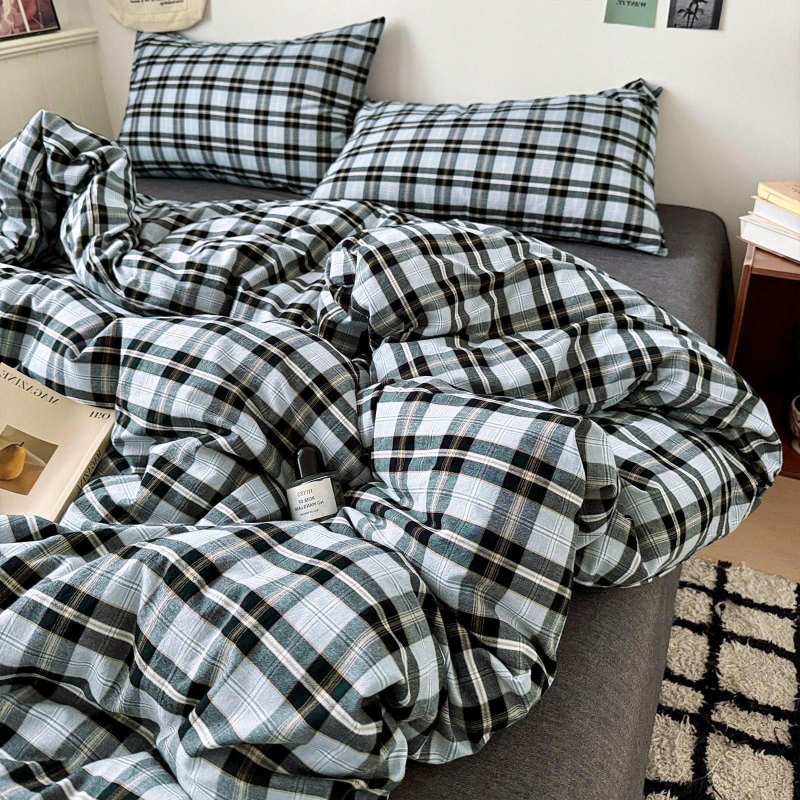 LifeTB 3 Pieces Plaid Comforter Set Full Size, Soft Fluffy Vintage Plaid Checkered Comforter with 2 Pillowcases, Lightweight Breathable Grey Black Gingham Bedding Comforter Farmhouse Grid Bedding Set