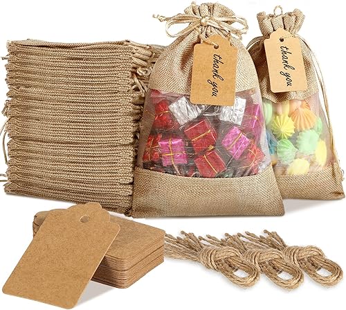 Paquete de 48 bolsas de arpillera de lino de 6 x 9 pulgadas, bolsas de arpillera con cordón y etiquetas de regalo, bolsas de organza para regalos de