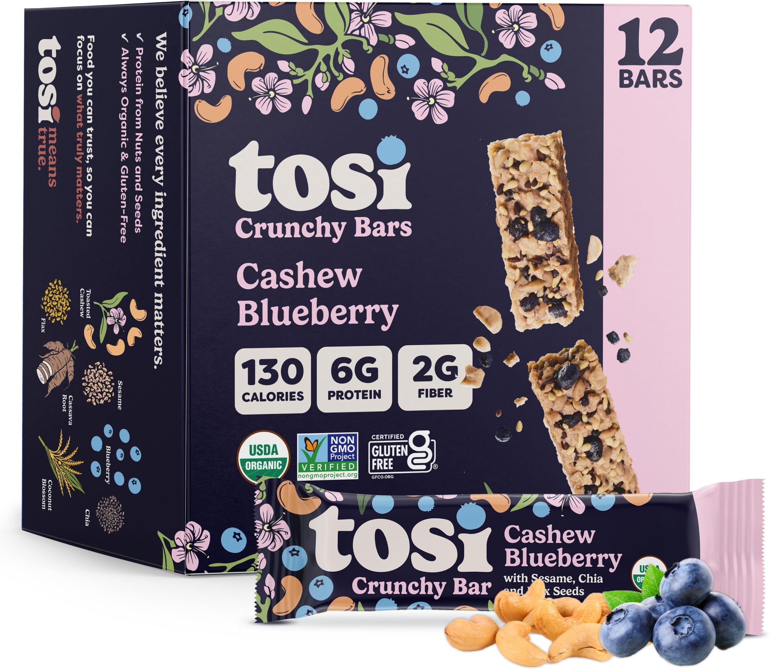 Nut Bars, Cashew Blueberry, Healthy Snacks for Adults & Kids, Plant Based Crunchy Bars (6G Protein), Organic Keto Snacks, Vegan, Gluten & Soy Free, Low Sugar, Omega 3s, 1oz, 12-Pack