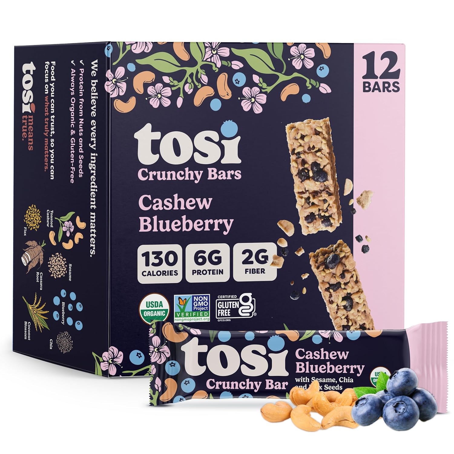 Tosi Nut Bars, Cashew Blueberry, Healthy Snacks for Adults & Kids, Plant Based Crunchy Bars (6G Protein), Organic Keto Snacks, Vegan, Gluten & Soy Free, Low Sugar, Omega 3s, 1oz, 12-Pack