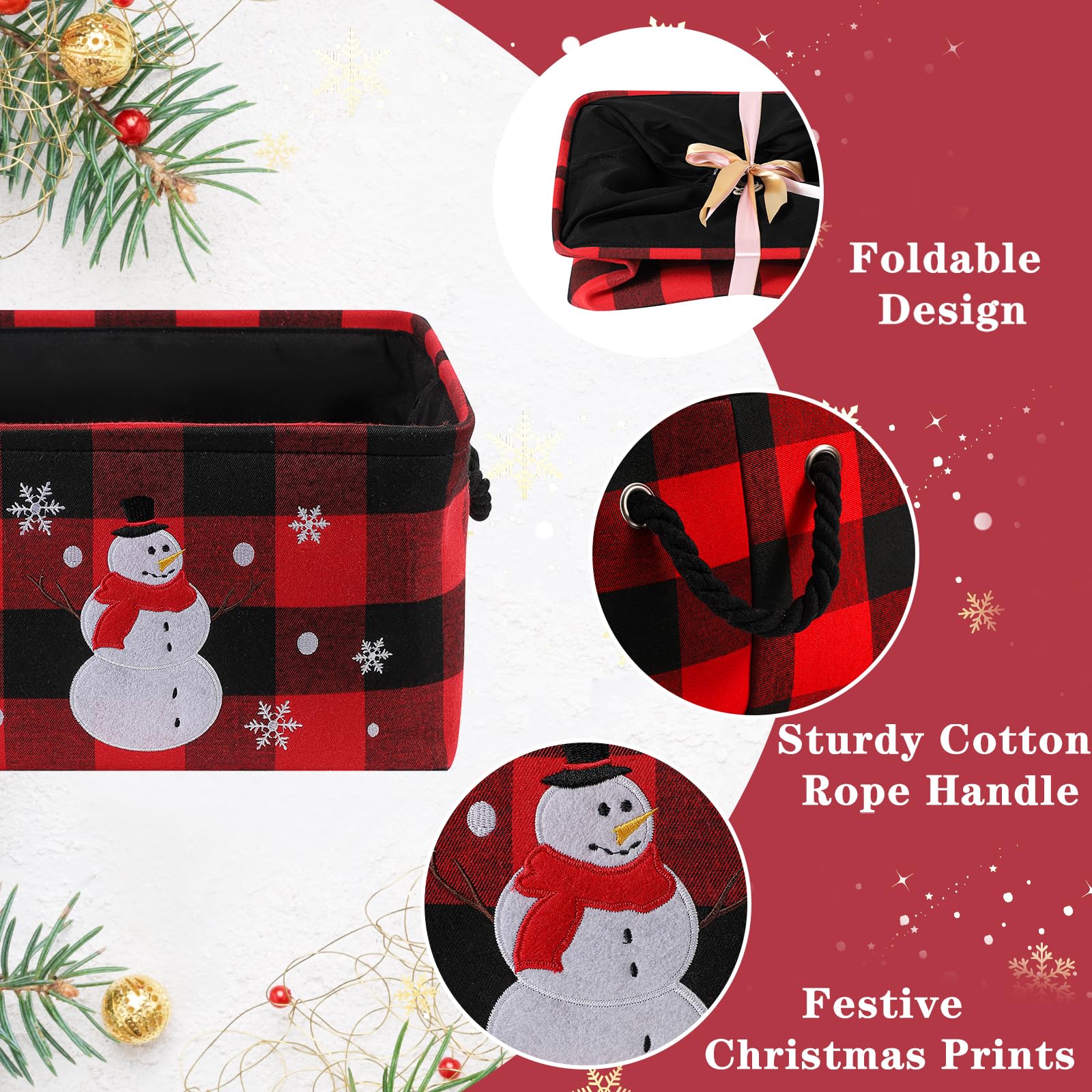 Cesto Portaoggetti Natalizio, Cestos di Natale Grande Scatola di Stoccaggio con Motivo Scozzese Classico, Pieghevole cose di Natale per la Casa Cestino con manico, Stile Rustico Organizer Cesta Regalo