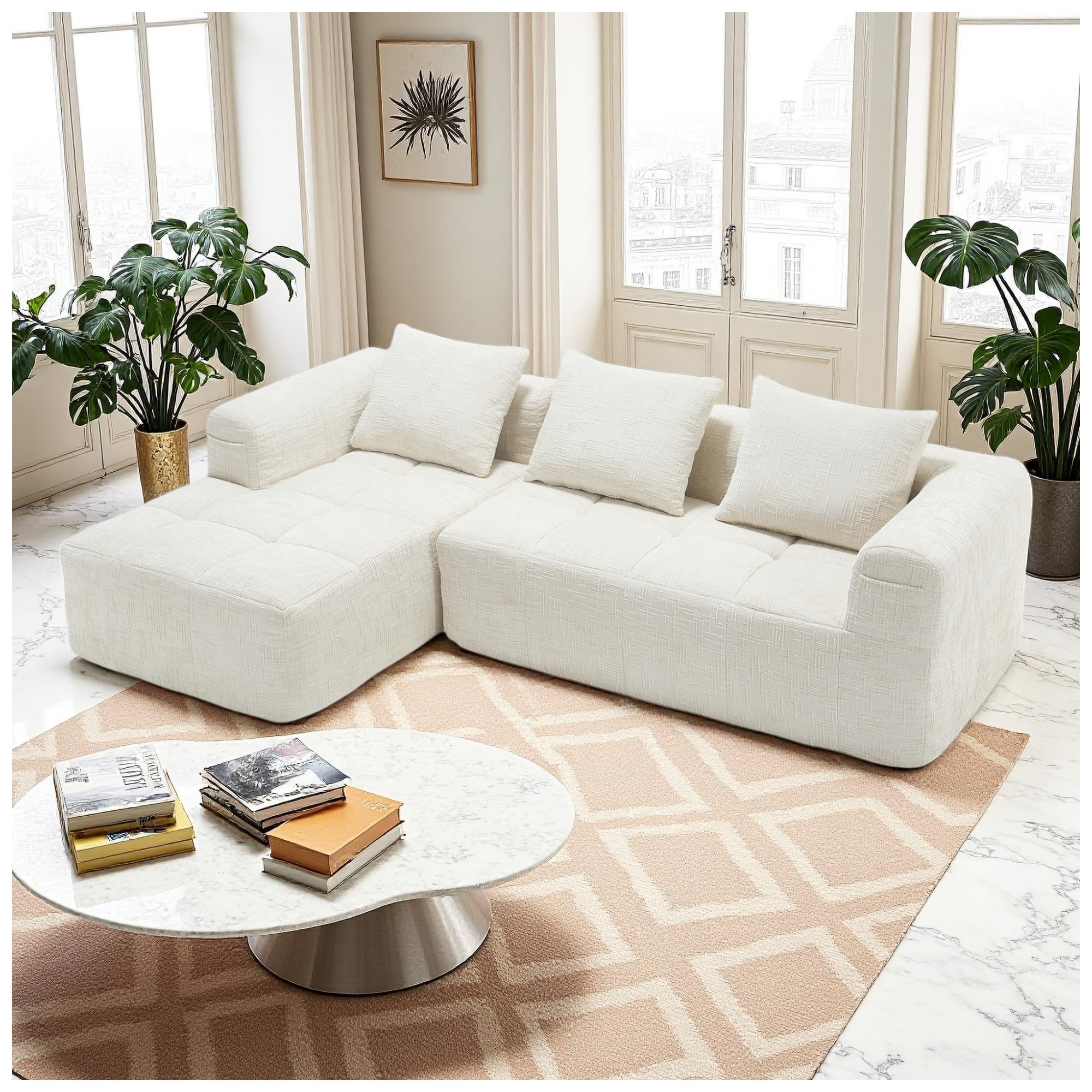 Divano moderno componibile, divano a L, divano a 3 posti con chaise longue e braccioli, 3 cuscini, tasca laterale per telecomando, divani in ciniglia, Beige