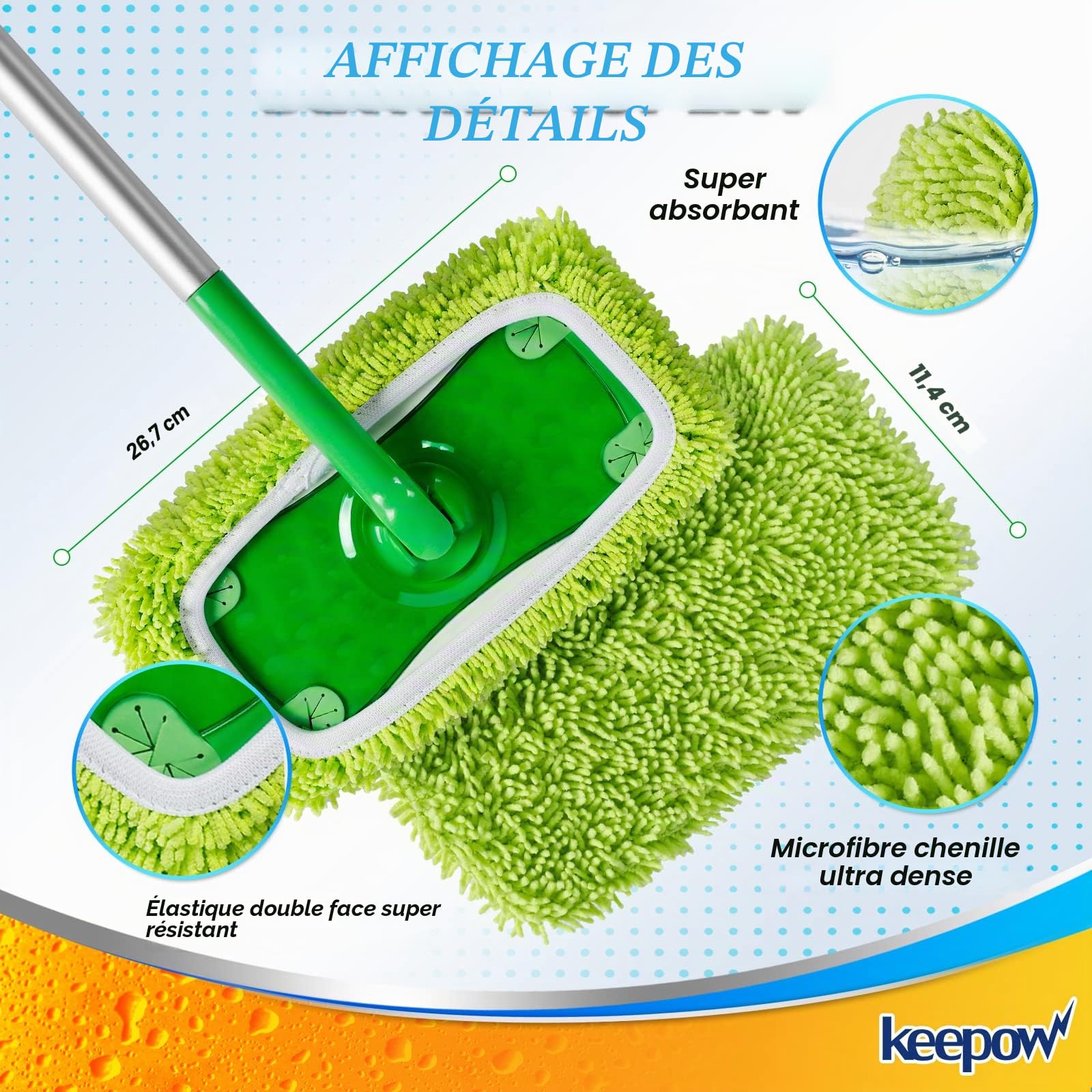 KEEPOW 4 Pcs Chiffons Réutilisables Compatibles avec Swiffer Balai, Lavables et Durables, Microfibres pour Swiffer Sweeper Mop, à Usage Sec et Humide (avec sac à linge)
