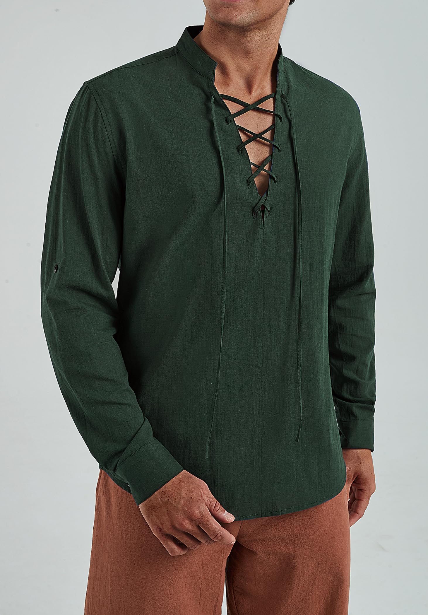Enlision Camicia in Lino da Uomo Camicia Henley con Lacci retrò Punk Costume Medievale Rinascimentale Camicia Ghillie Scozzese Classica