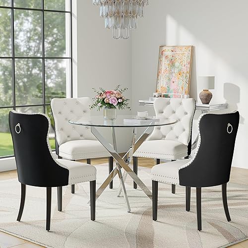 Miniatura 43 de Juego de mesa de comedor de cristal para 4 personas con mesa cuadrada de cocina de vidrio templado de 36 pulgadas, juego de comedor de 5 piezas con