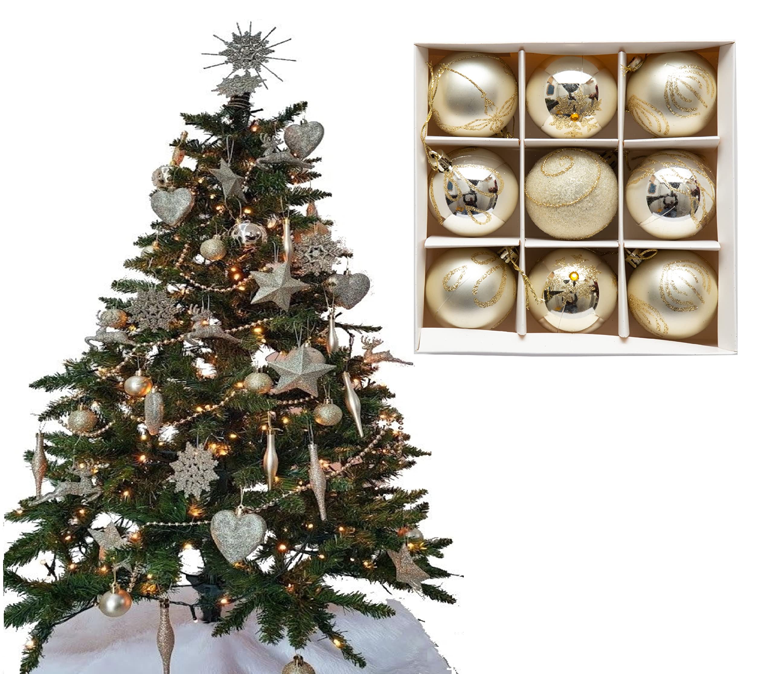9pc Luxury Premium Baubles, Christmas Tree Bauble Decorations Matte, Glitter, shiny & Frosted (6cm) (Champagne)