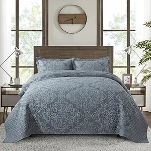NEWLAKE Reversible Quilt Bedspread Embroidered Microfiber Coverlet Set,Jacquard Embossed Floral,Grey, King Size