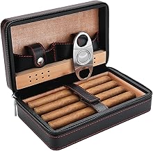 Caixa de charuto de couro, umidificador de charuto com gotejador, forro de madeira de cedro e umidificador, conjunto de cortador de charuto umidificador de couro portátil, comporta 4 charutos (preto)