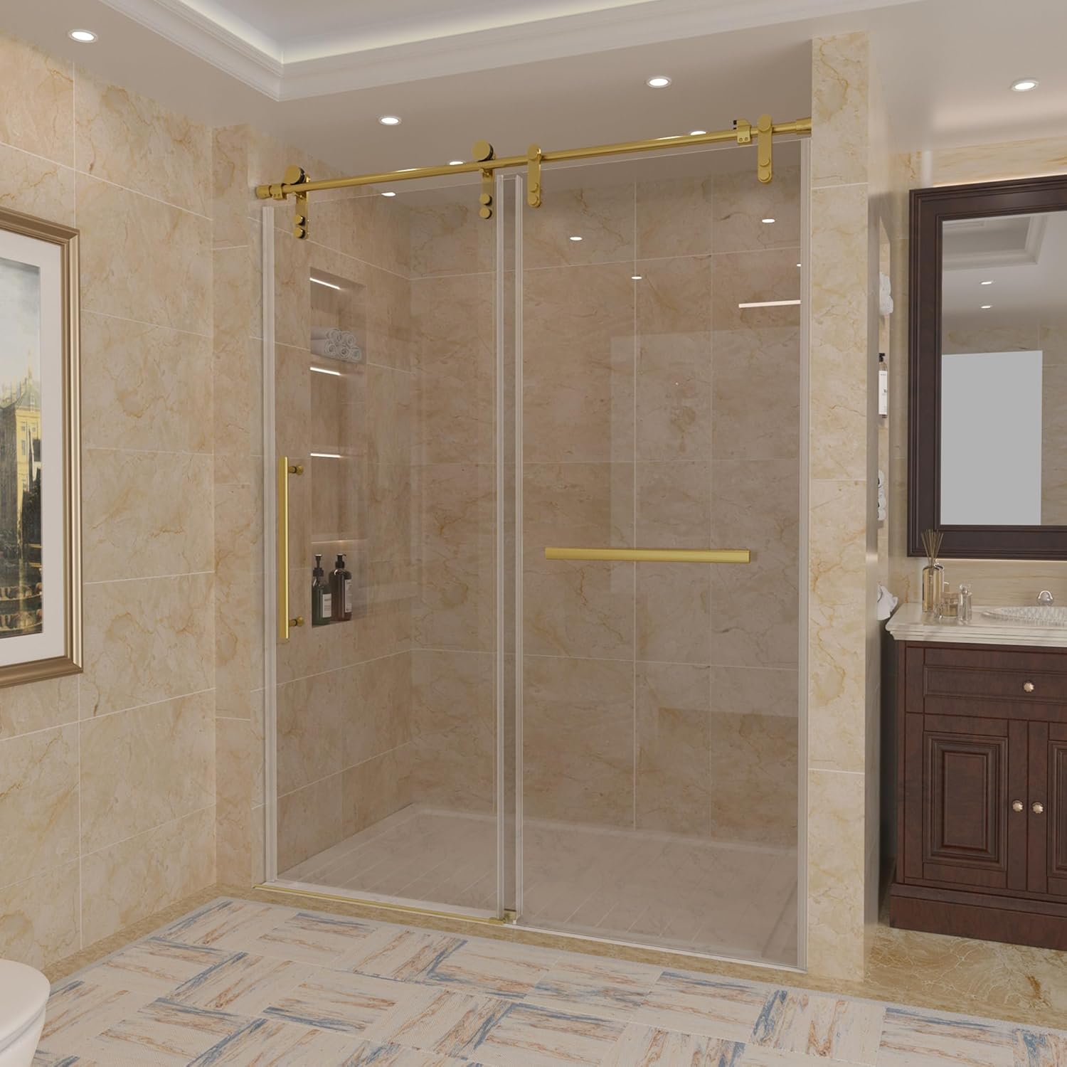 56-60" W x 76" H Frameless Shower Door,Sliding Shower Door with 5/16"(8mm) Clear SGCC Tempered Glass,Glass Shower Door w/Seal Strip Parts and Handle,Stainless Steel Hardware,Gold