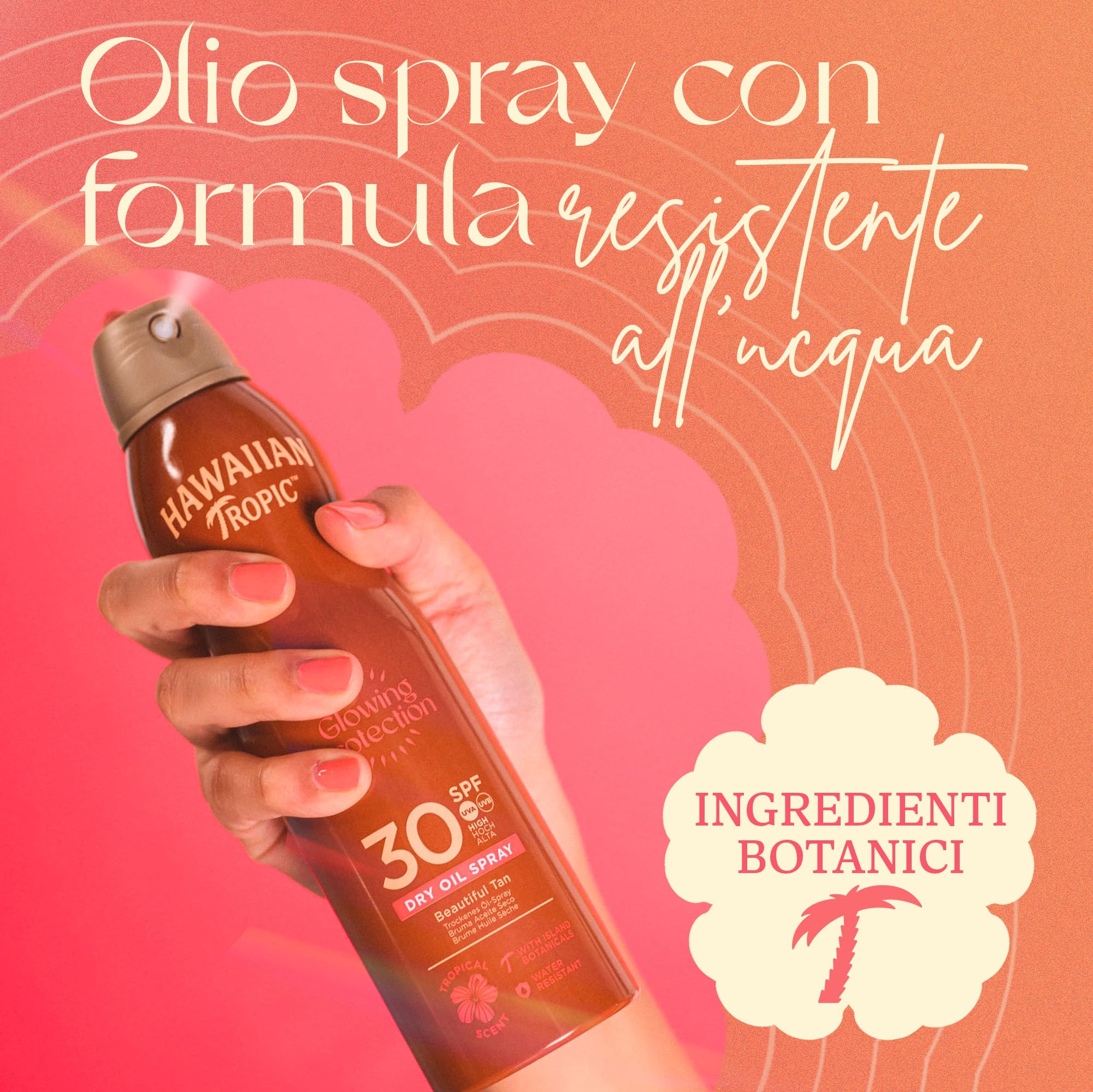 Hawaiian Tropic Olio Secco Spray Protettivo Illuminante, Resistente all'Acqua con Protezione Solare SPF 30 UVA e UVB, Spray Solare dal Profumo Tropicale con Ingredienti Botanici delle Hawaii, 180 ml