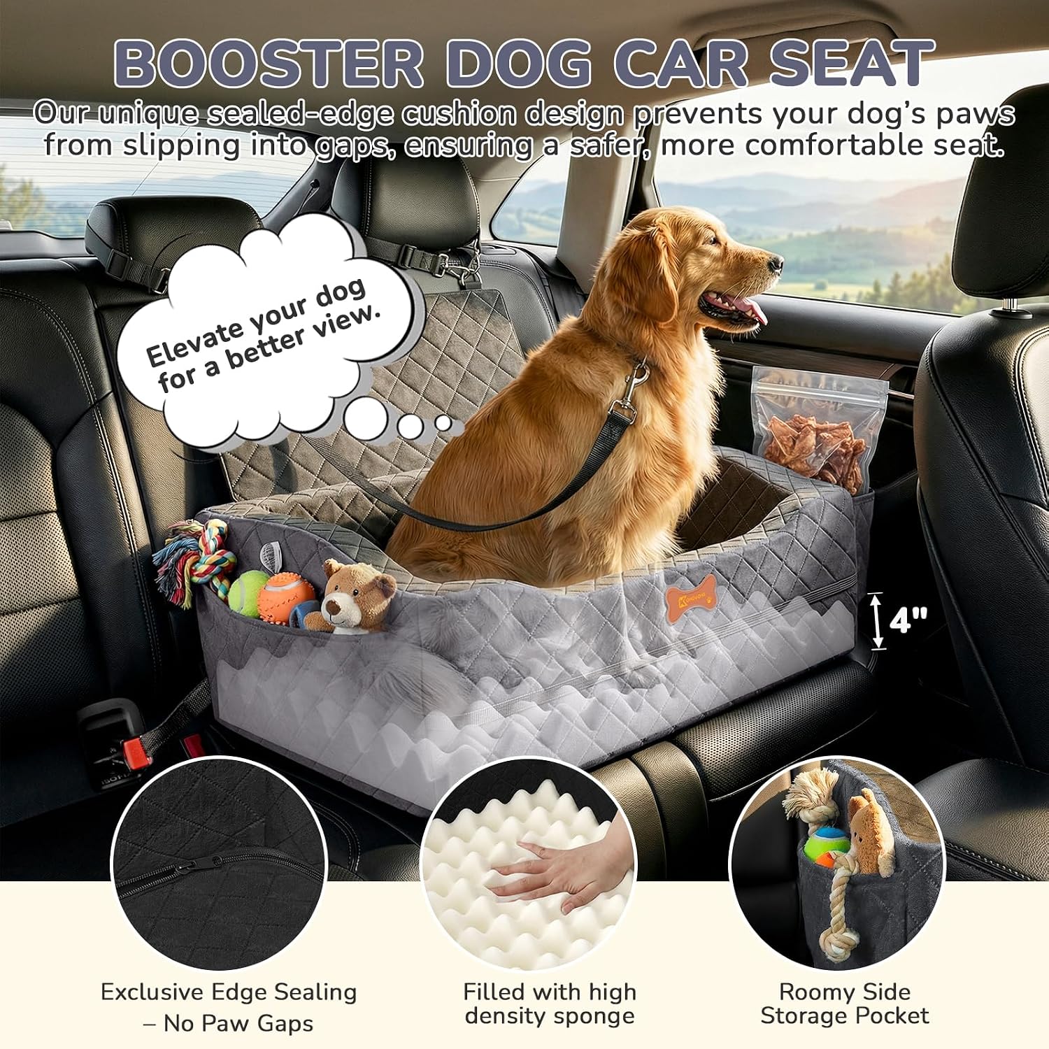 Dog Car Seat for Medium Large Dogs, 4" Elevated Booster Seat with ISOFIX Safety Fixation, Washable Cover & High Density Memory Foam, Portable for Car Front/Rear/Trunk Home Outdoor Use (Charcoal Gray)