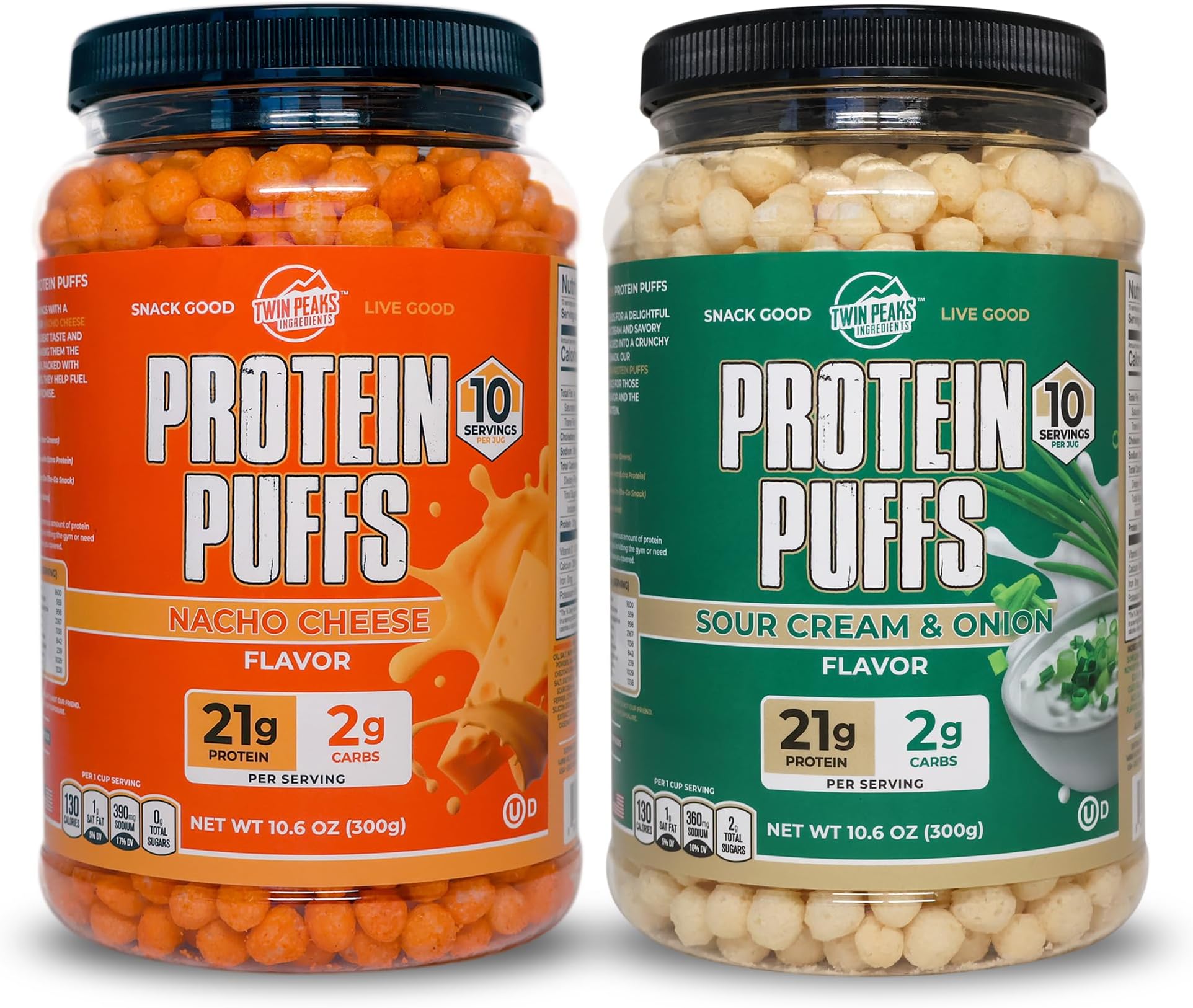 Twin Peaks Low Carb, Keto Friendly Protein Puffs Combo Pack, 1 Jug Sour Cream Flavor Puffs + 1 Jug Nacho Cheese Flavor Puffs