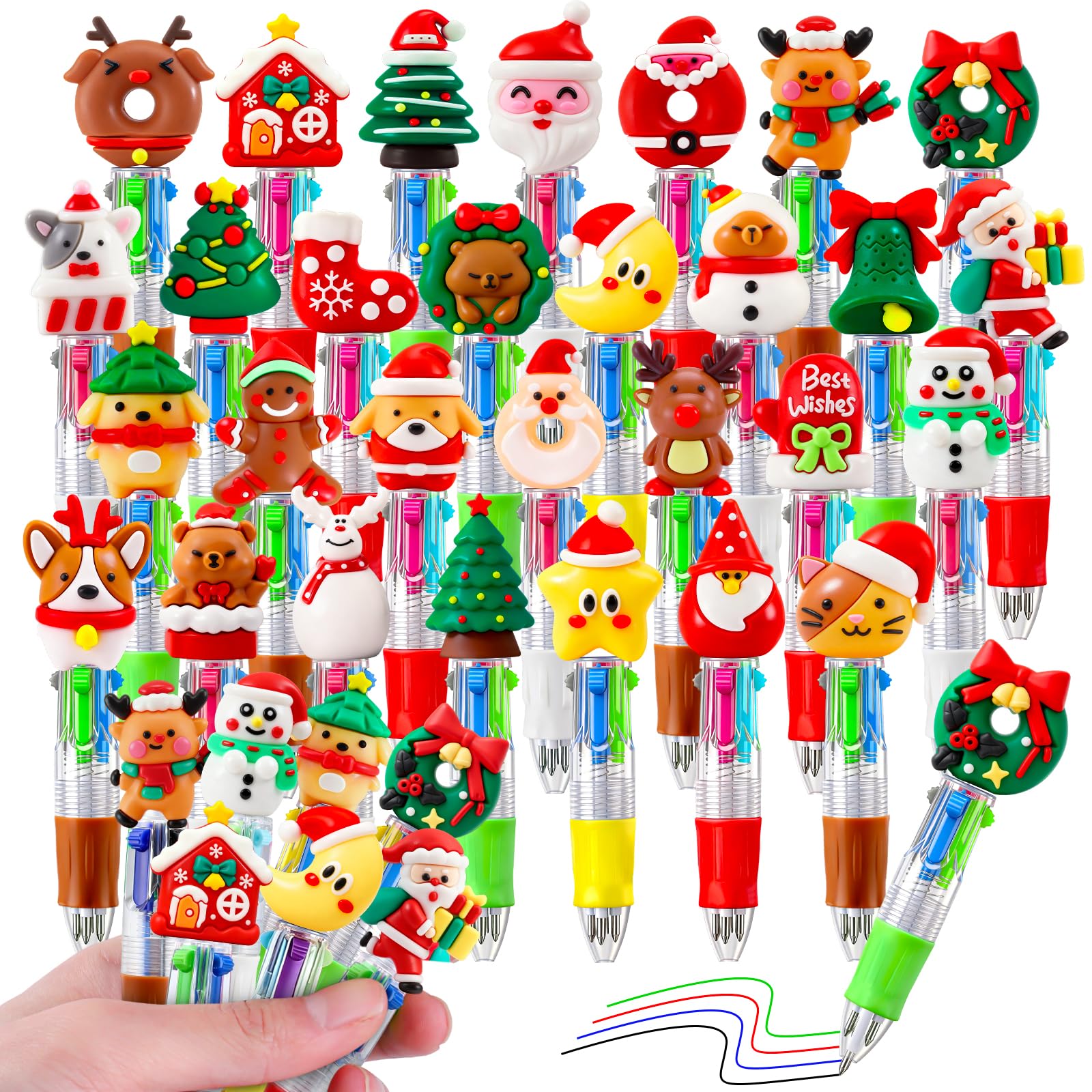 CZWZ 30Pcs Mini Multicolor Pens in One 4-in-1 Cute Pens Bulk, Ballpoint Pen for Birthdays and Parties, Fun Gifts Assorted Ink Kawaii Pen(Christmas)