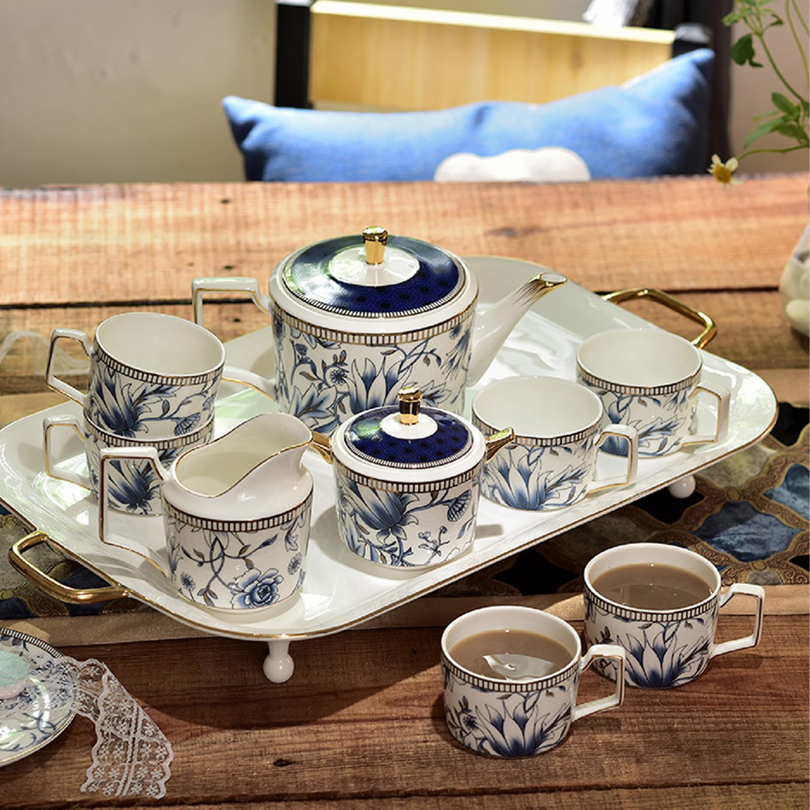 FfiMe 10 tazas de porcelana china con bandeja, platillo, juegos de té de cerámica inglesa blanca simples a juego con cucharas y caja de regalo, para decoración de sala de estar, juego de té de la