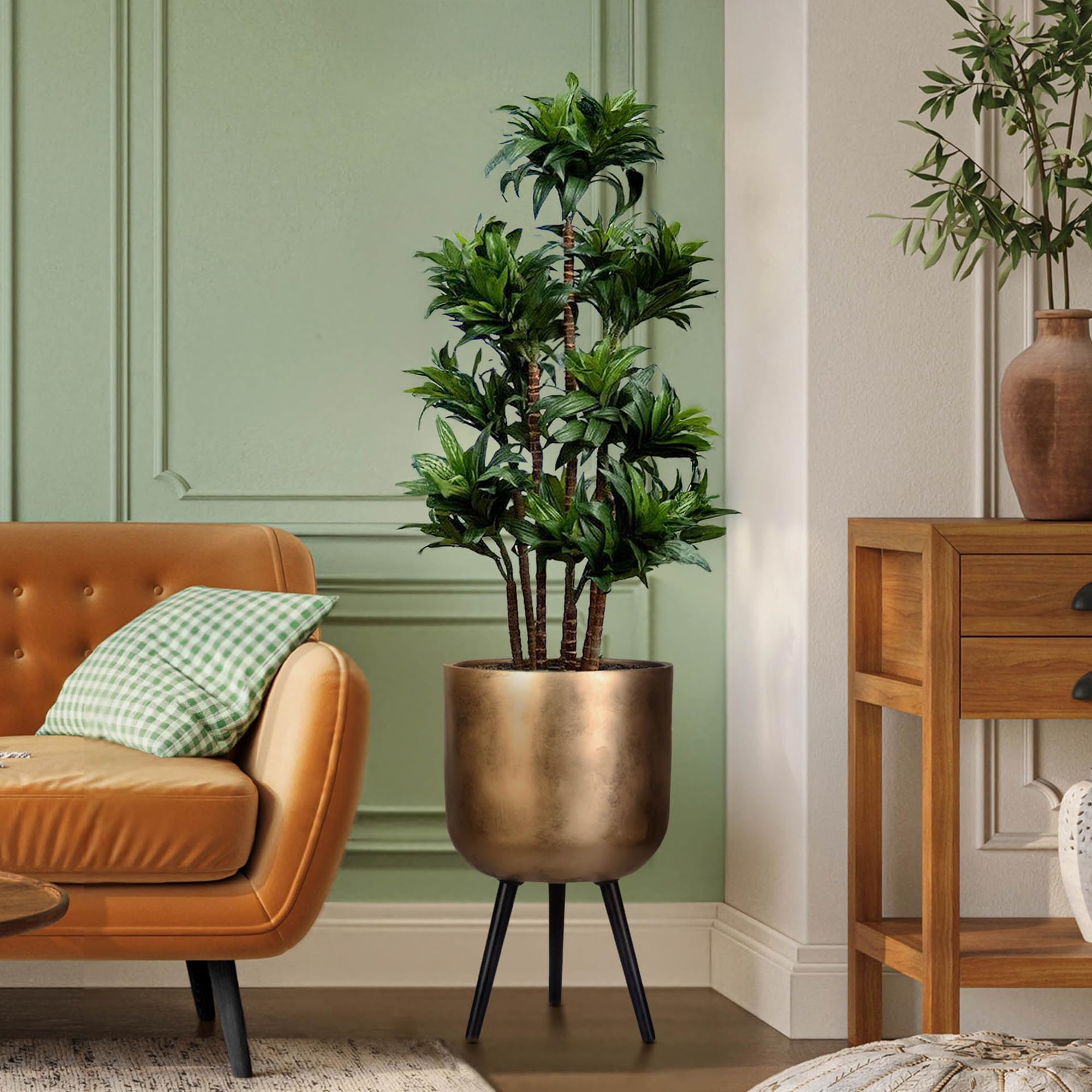 IDEALIST 33cm Plant Pot for Trees | Gold Metallic Reinforced Stone Large Indoor Planter with Legs | Flower Pot Cover D33 H61 cm, 26.5 litres