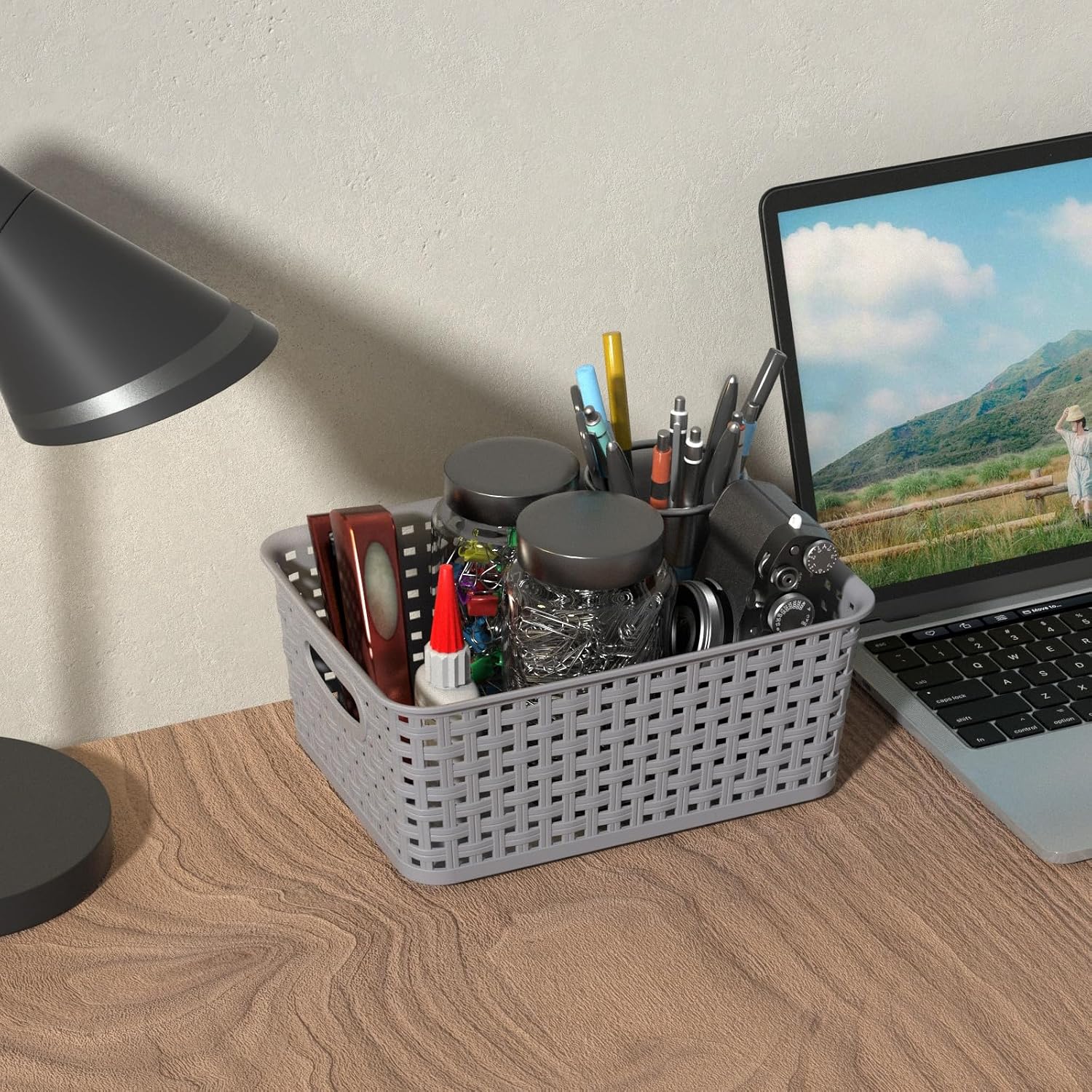 6-Pack Plastic Woven Baskets, Storage Basket | For Organizer Shelf, Pantry, Desktop, Gray