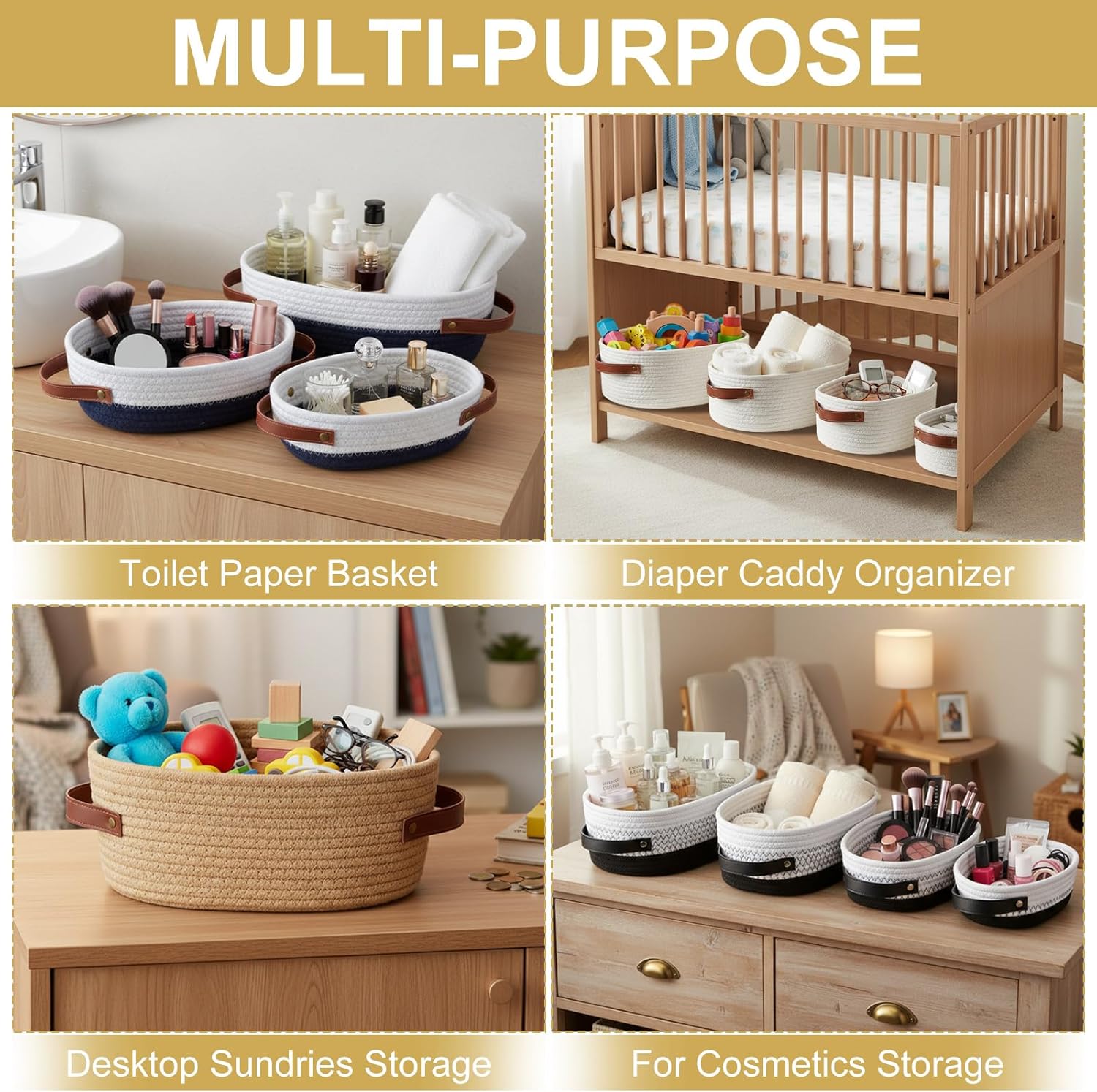 4 Pack Woven Rope Storage Basket Set for Organizing Baskets for Gifts Empty Boho Small Nesting Storage Bins with Handle for Shelves Countertop Toilet Paper Basketwork Decor(Black and White)