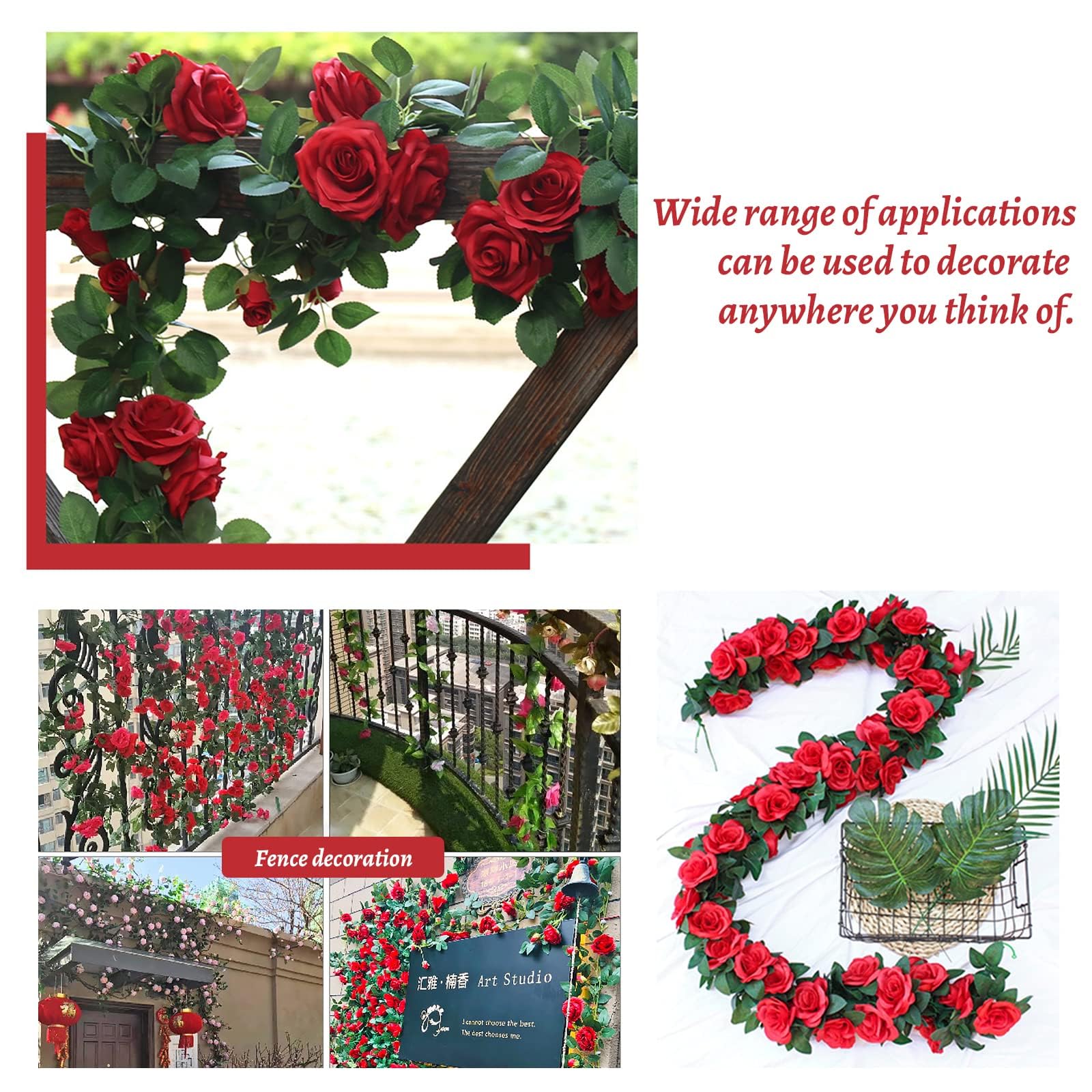 Aimeke 2 Pezzi Ghirlanda Fiori rose Artificiali Vite Rosso Finte
