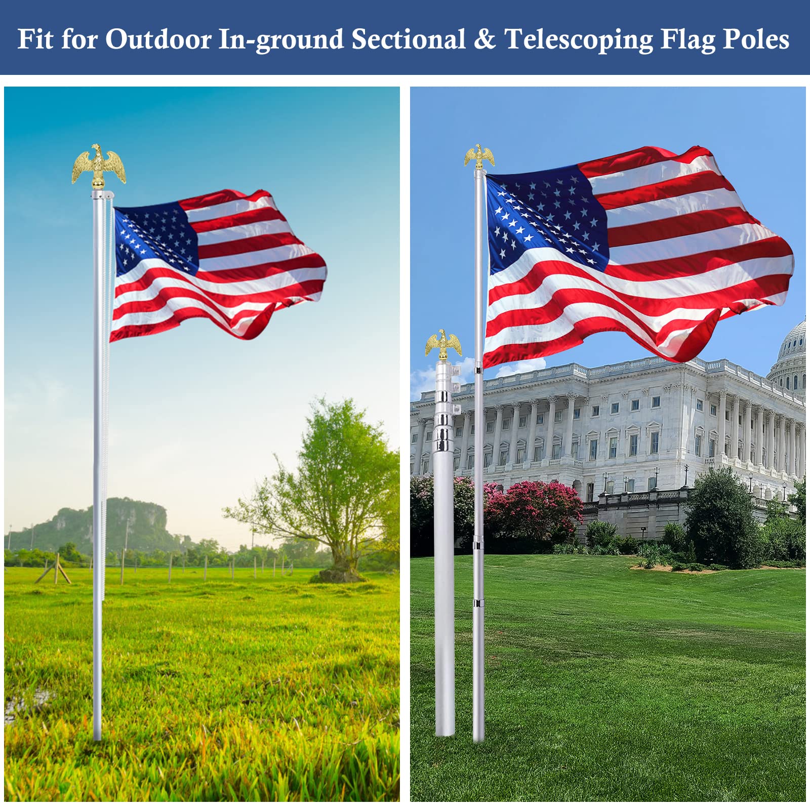 NQ 7'' Aluminum Alloy Flagpole Eagle Finial Topper Ornament and Flagpole Truck with Nylon Pulley - Fit for 1.6