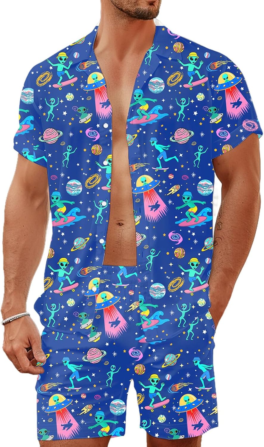 80s 90s Men's Hawaiian Outfits 2 Piece Shirt and Shorts Sets Button Down Beach Suits Disco Party