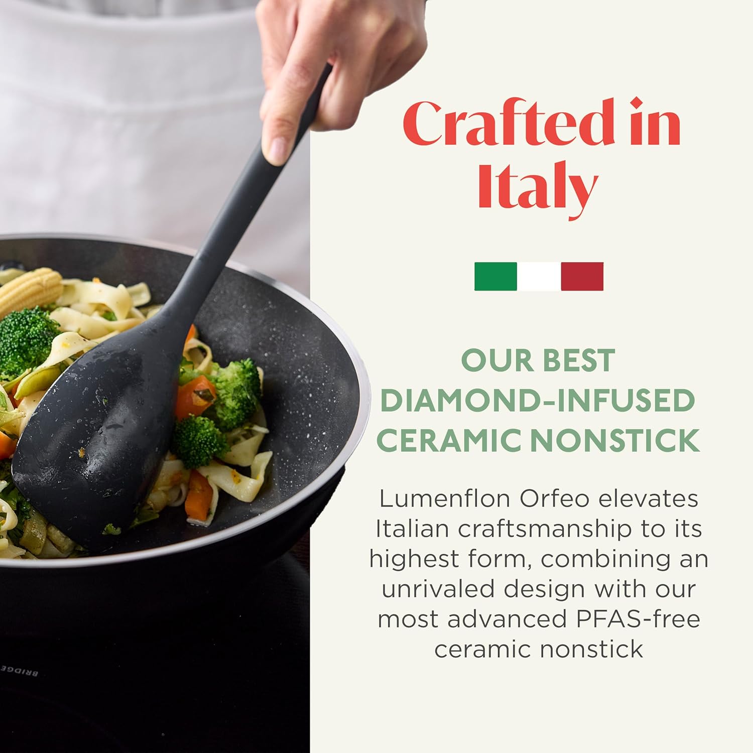 Orfeo 11” Nonstick Wok Pan, Made in Italy, Diamond Ceramic PFAS-Free Cookware, Induction Ready, Scratch Resistant, Laser-Fused Surface for Durability, Dishwasher Safe, Black