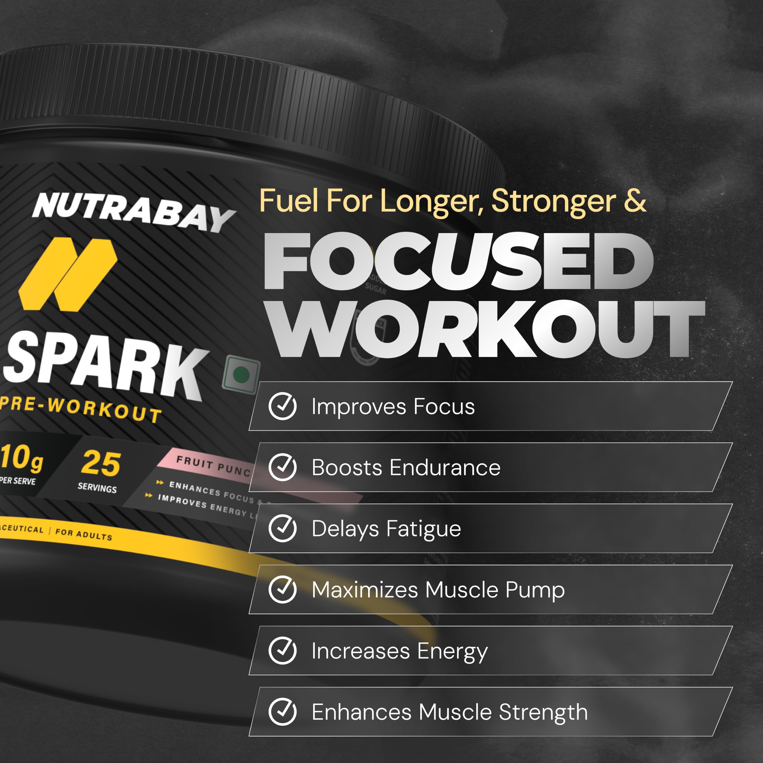 Nutrabay Gold Spark Pre Workout Supplement Powder 300mg Caffeine, 1000mg L-Arginine, 3000mg Beta Alanine, 2500mg Citrulline Malate per Serving – Muscle Pump & Performance – 250g, Fruit Punch 2