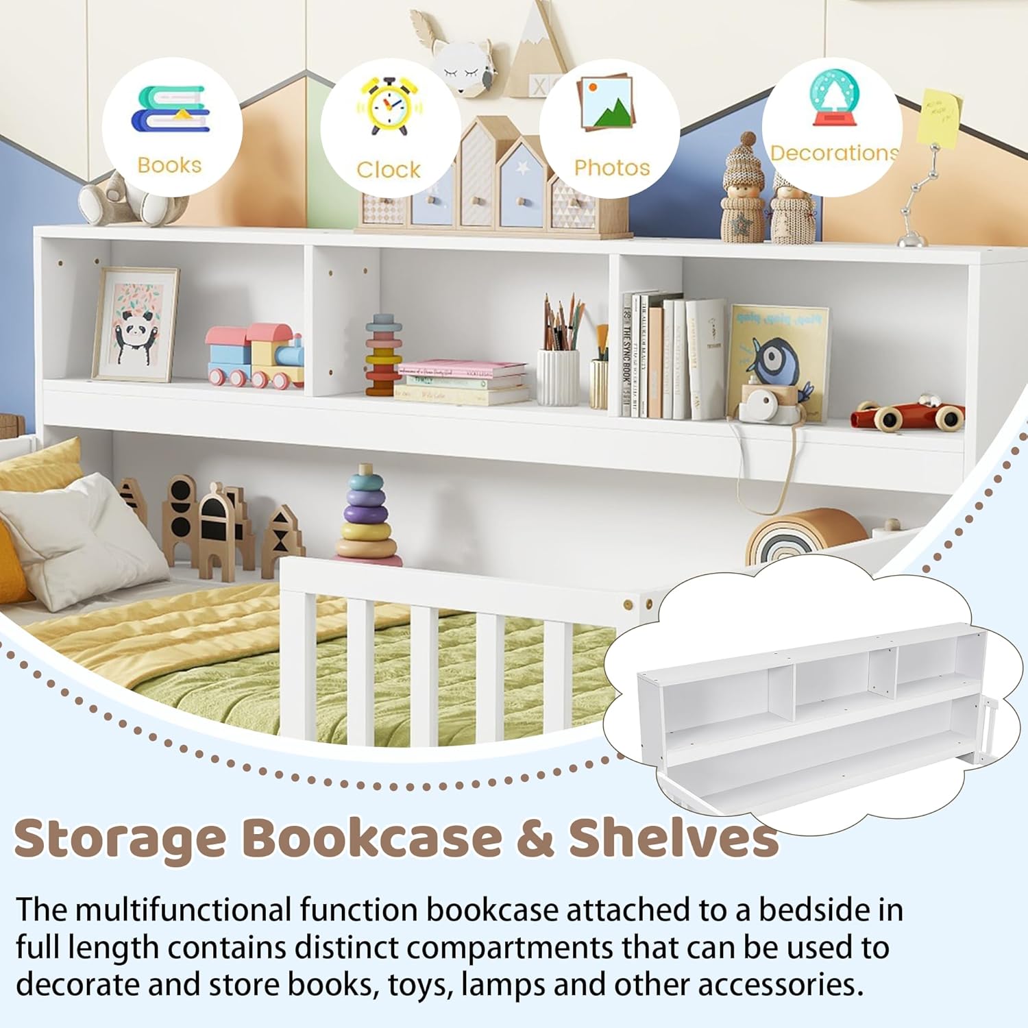 Twin Size Floor Bed with Rails, Wood Montessori Floor Bed with Bookcase and Shelves, Kids Twin Bed Frame for Boys,Girls, White