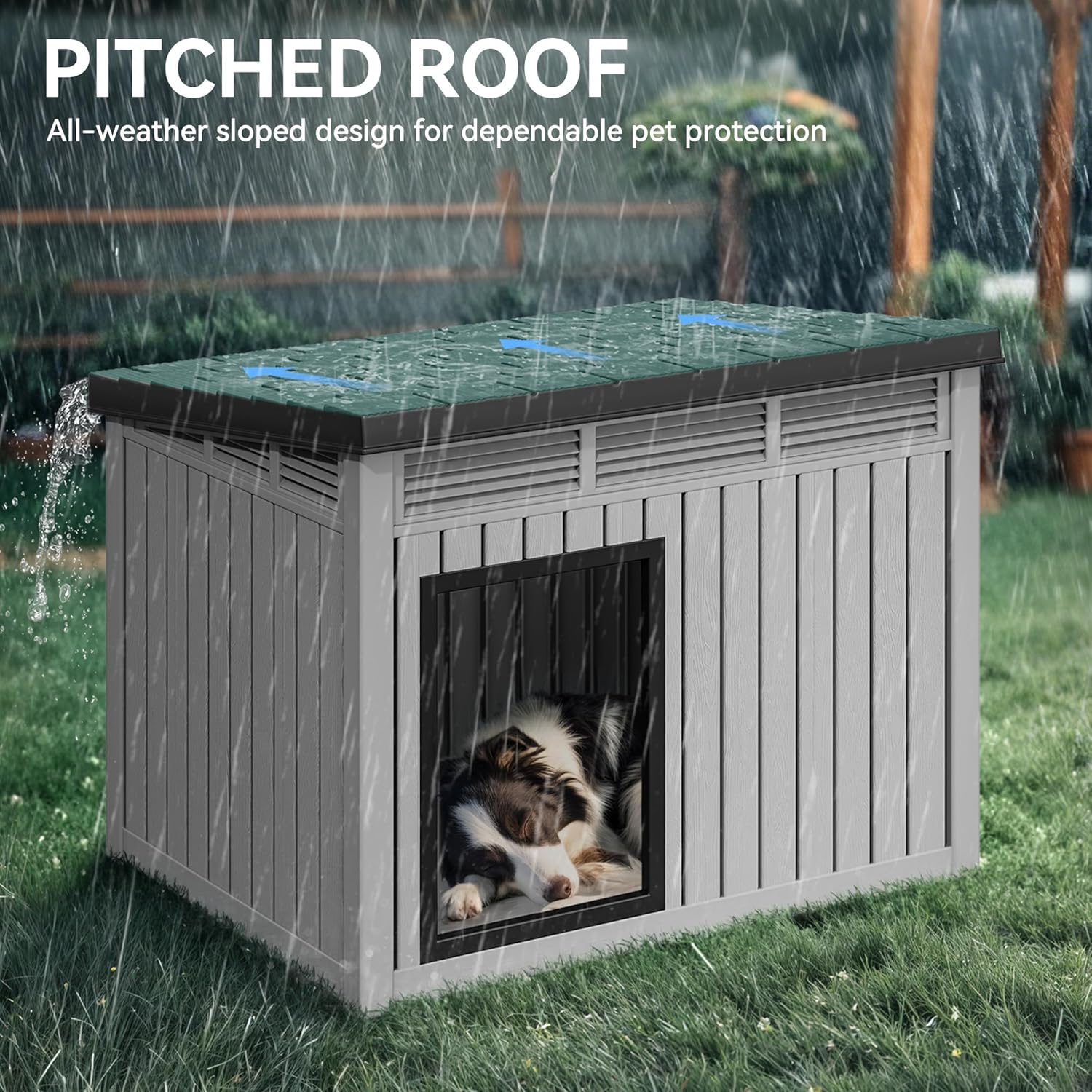 YITAHOME Plastic Dog House, Indoor & Outdoor Dog Kennel with Lift-Up Sloping Roof, Waterproof & Ventilated for Small to Medium Dogs, Easy to Clean Design, Gray