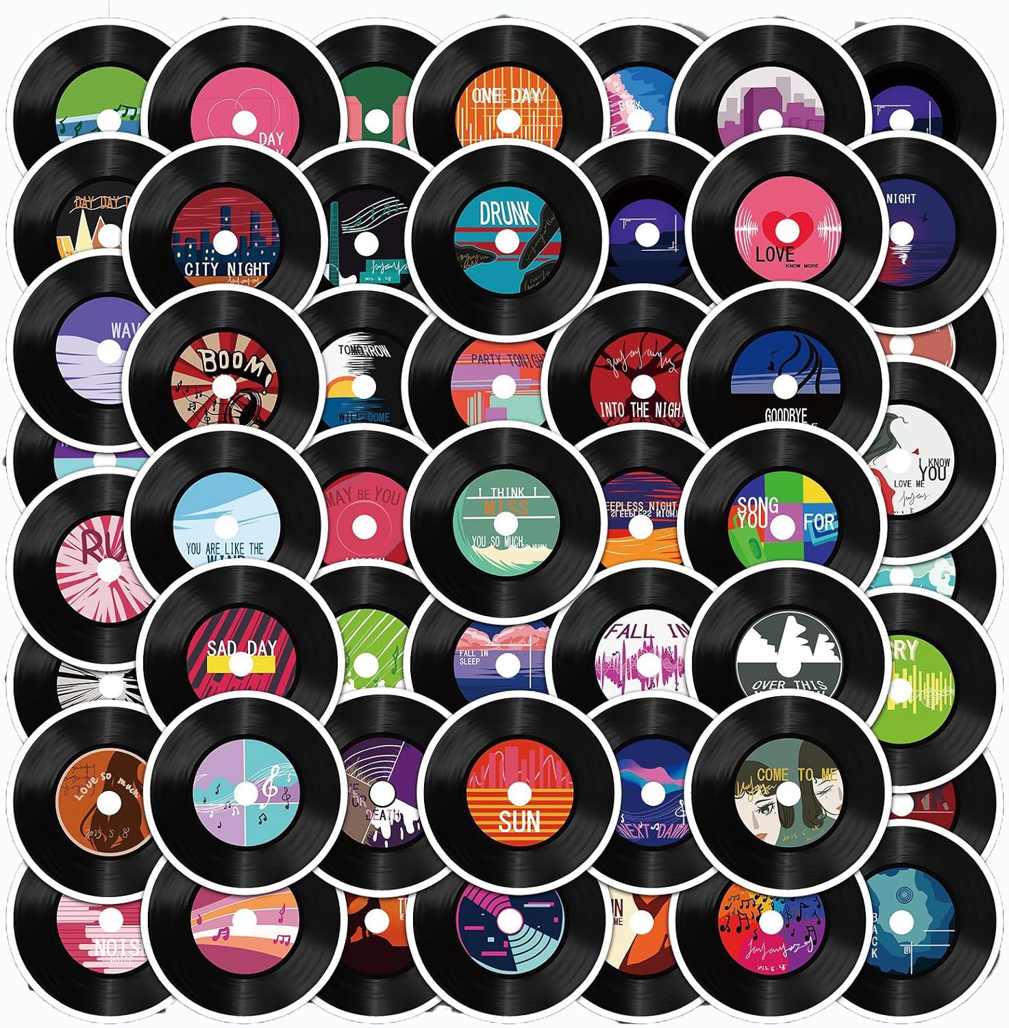 Vintage CD Stickers, 50pcs Colorful Aesthetic Music Label Decor Stickers Black Record Cutouts for Wall Collage Scrapbooking Journal Laptop Water Bottles Music Themed Party Decorations